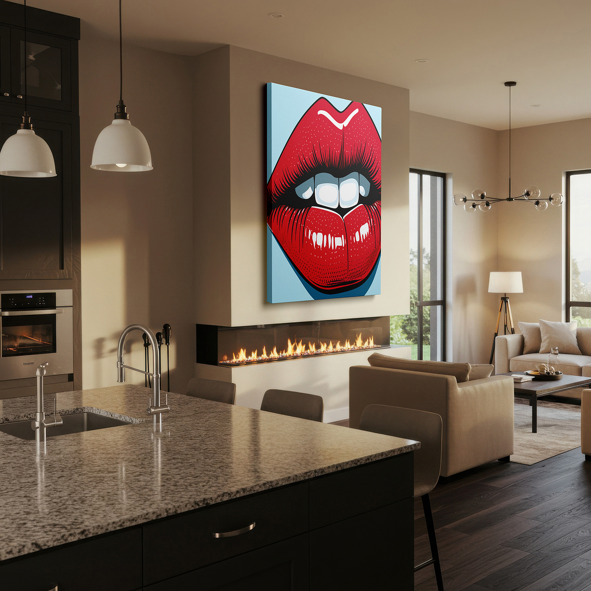 Available in 30×20 cm — a subtle addition to small personal spaces — plush red lips symbolize beauty and confidence: ideal for modern decor, large canvas wall art for offices and bedrooms