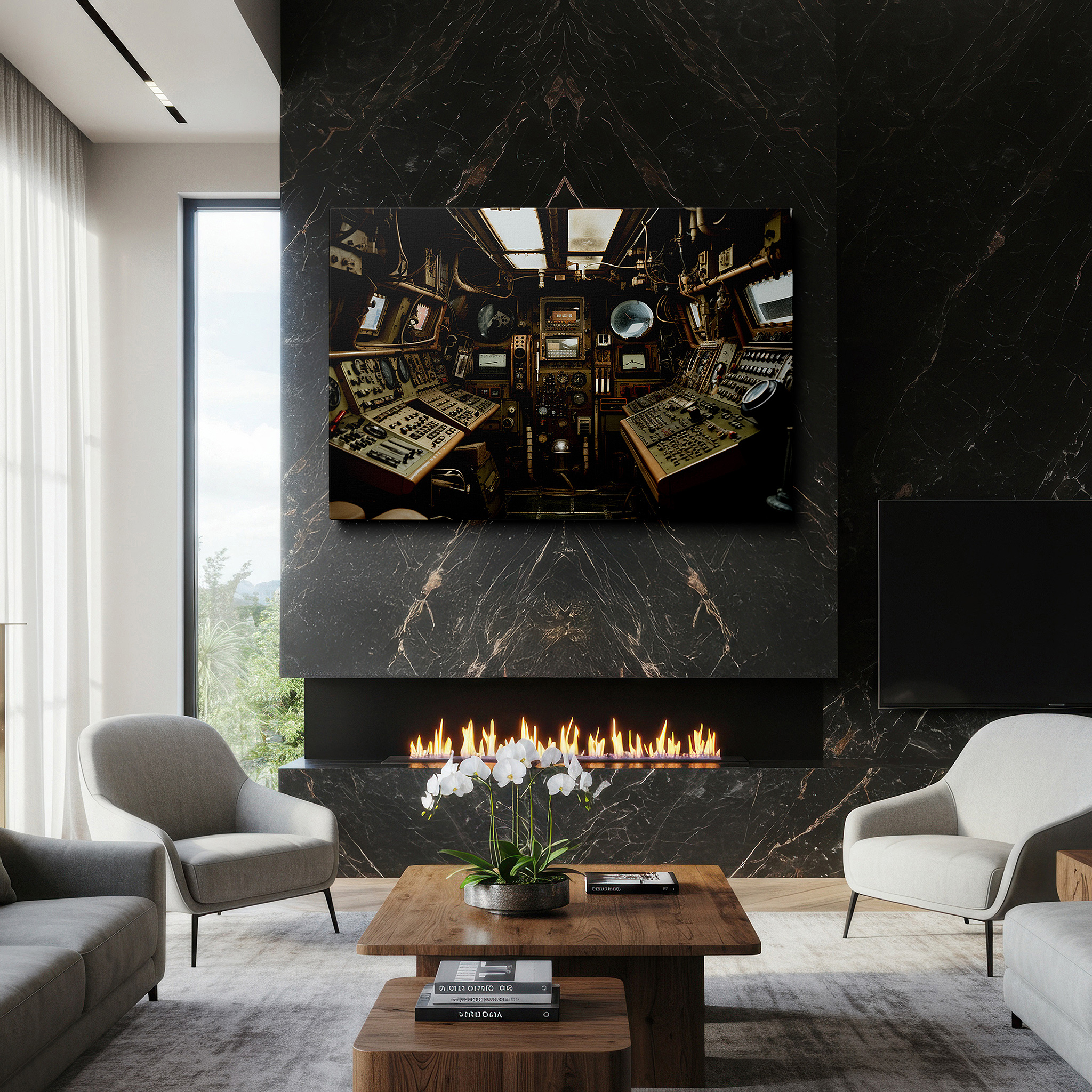 Available in 30×20 cm — a subtle addition to small personal spaces — retro control room wall art - a vivid display of technological evolution featuring detailed machinery and human ingenuity, available as large canvas wall art