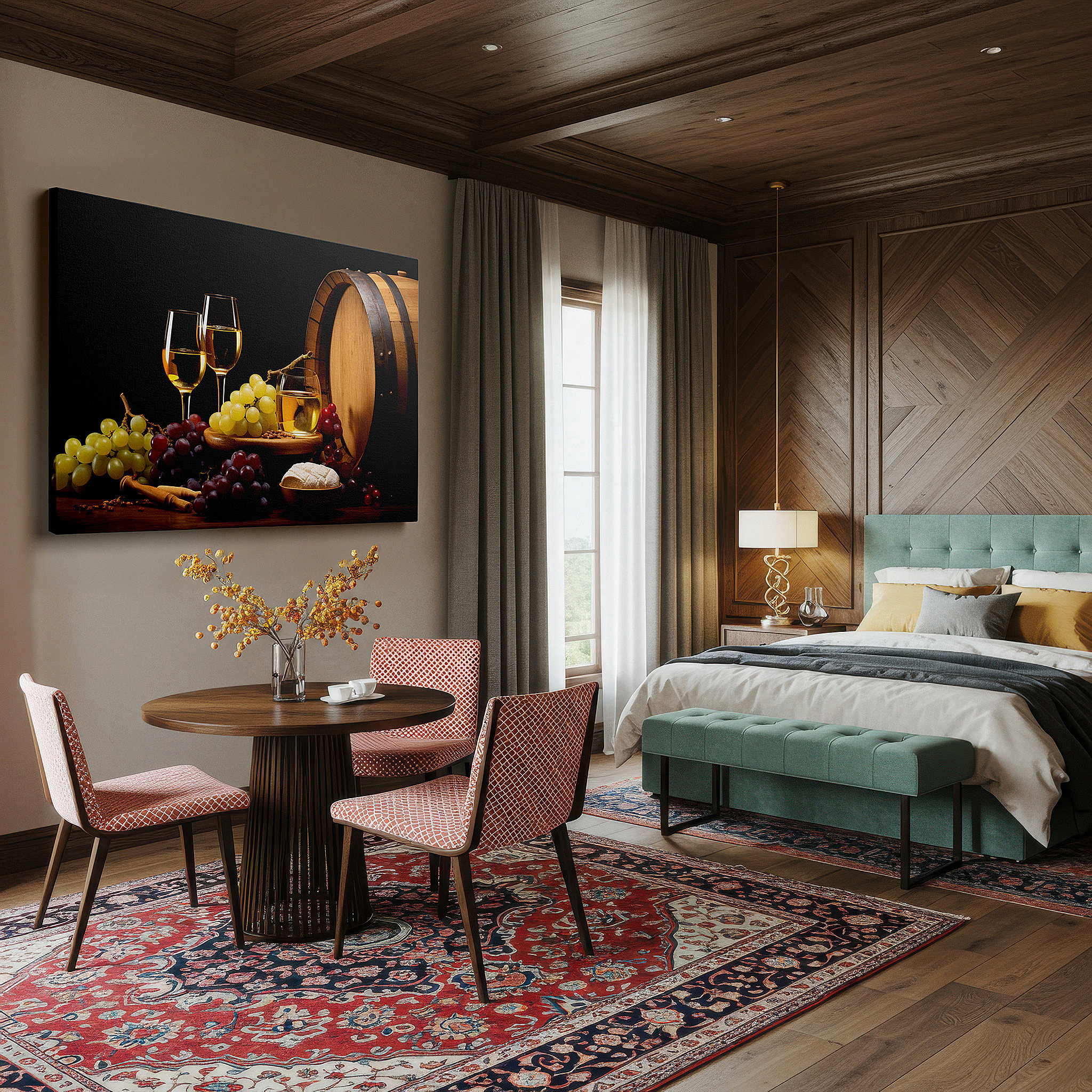Available in 30×20 cm — a subtle addition to small personal spaces — rustic elegance wall art featuring wine, grapes, and cheese on an old barrel - large canvas for home or office decor, perfect for living room or bedroom