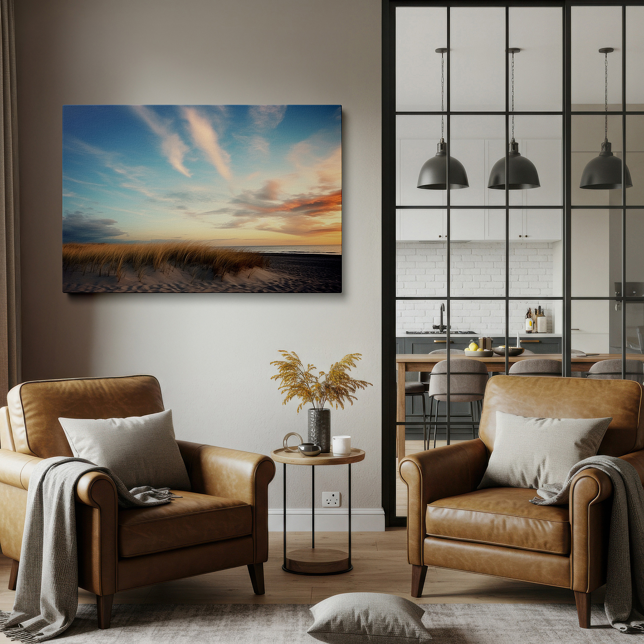 Available in 30×20 cm — a subtle addition to small personal spaces — serene beach dawn scene with wispy clouds and tranquil sea reflections - large canvas wall art for office and bedroom decor