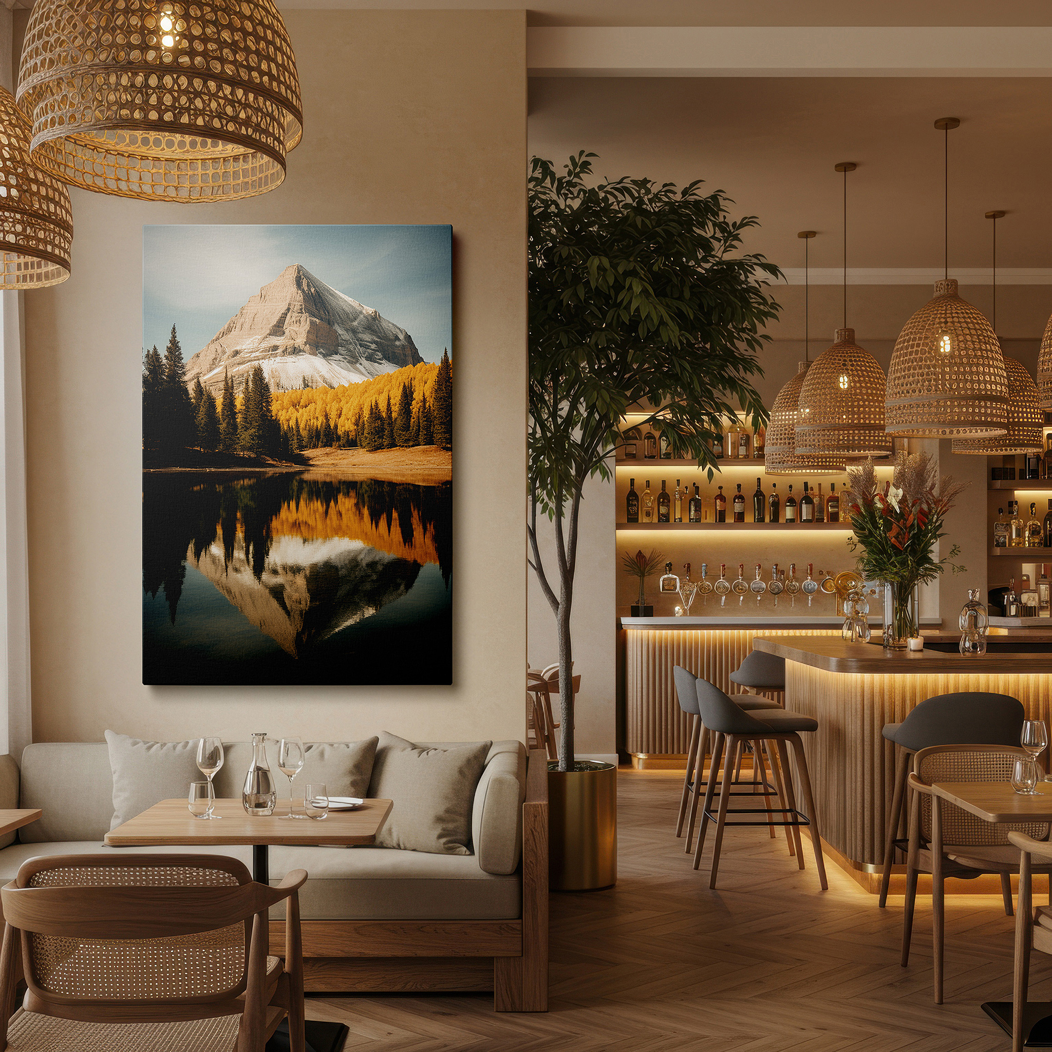 Available in 30×20 cm — a subtle addition to small personal spaces — serene cliffside mountain and tranquil lake autumn scene large wall art, canvas wall decor for office and bedroom