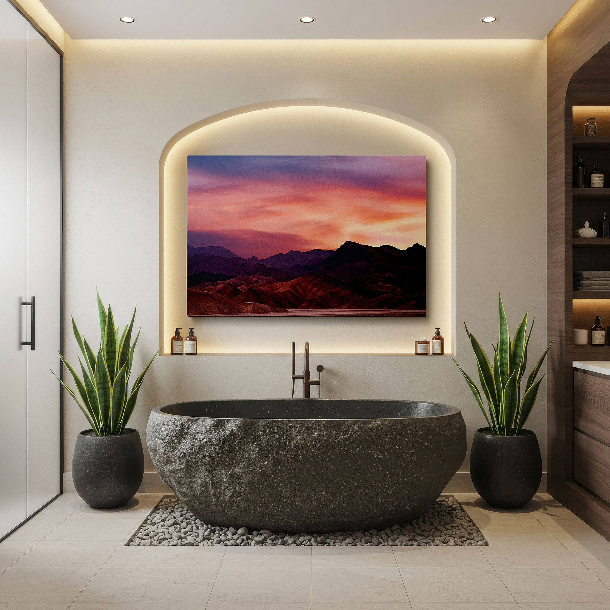 Available in 30×20 cm — a subtle addition to small personal spaces — serene desert dusk: majestic mountains with vibrant sky - large canvas wall art for office, bedroom, and living room decor