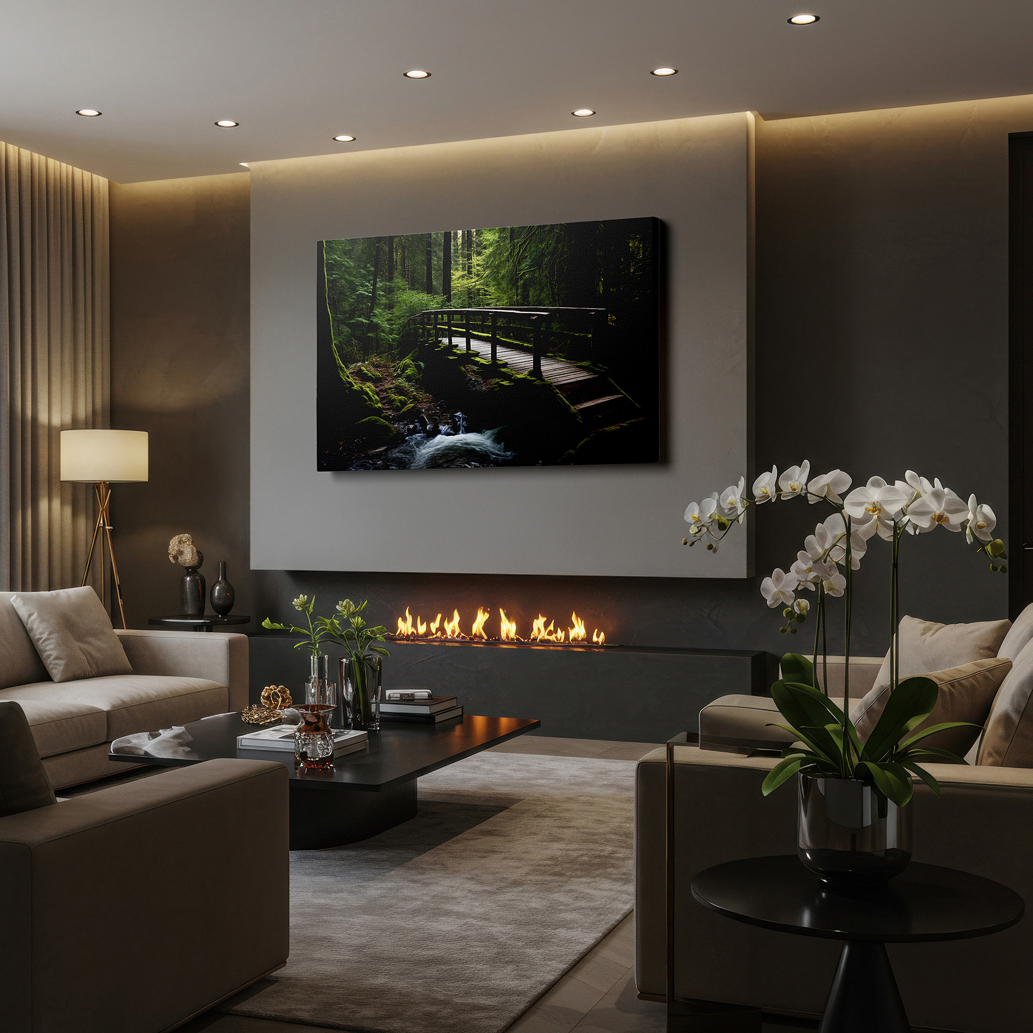 Available in 30×20 cm — a subtle addition to small personal spaces — serene forest landscape featuring a rustic wooden bridge over a babbling stream - large canvas wall art for home and office decor