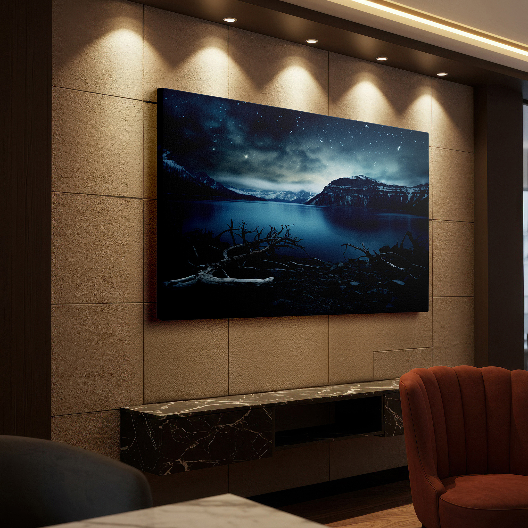 Available in 30×20 cm — a subtle addition to small personal spaces — serene lakeside reflections: rugged nature and ethereal light - large canvas wall art for office and bedroom decor