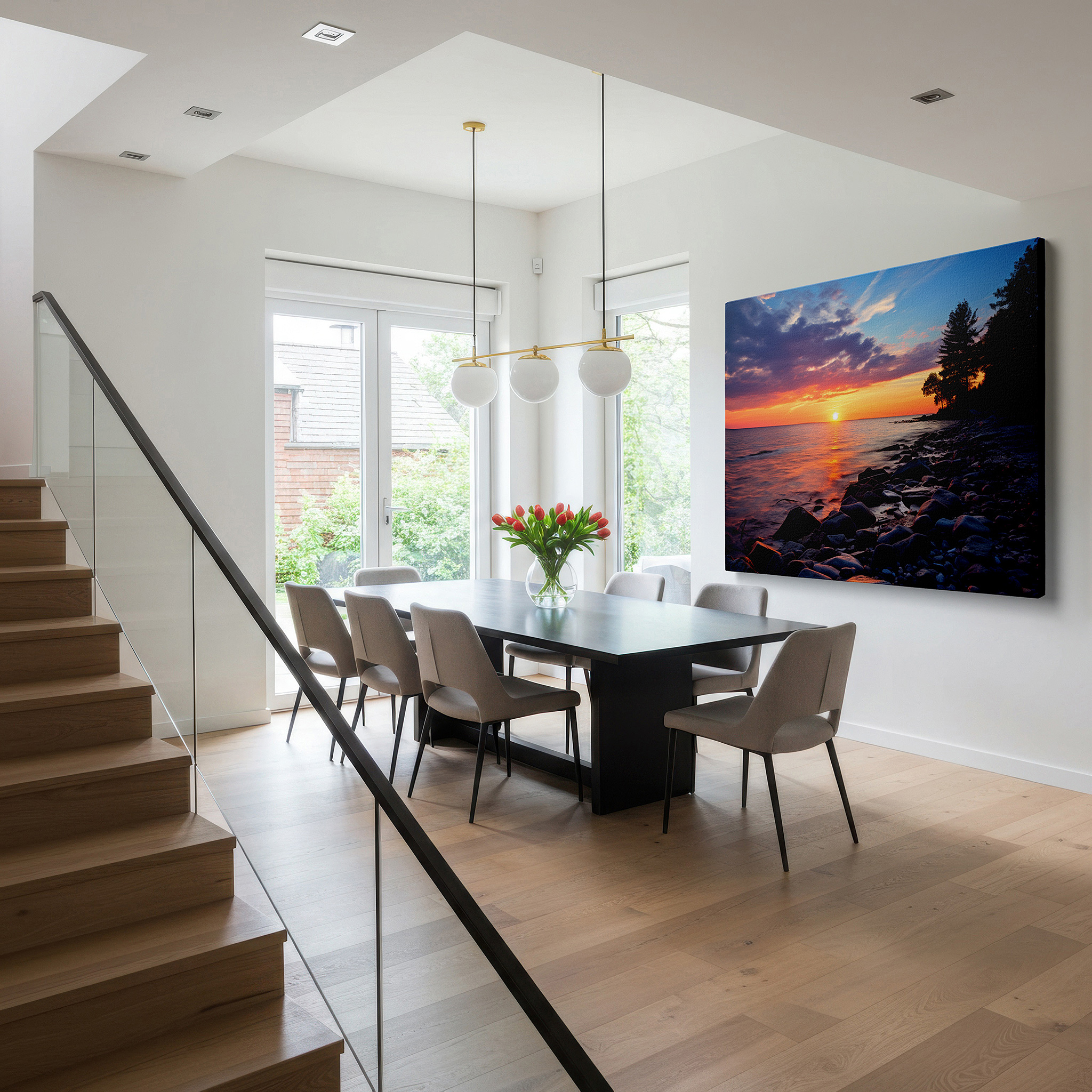Available in 30×20 cm — a subtle addition to small personal spaces — serene sunset at the lake: a symphony of orange, blue, and purple hues reflecting nature's splendor - large wall art, canvas wall art, wall art decor