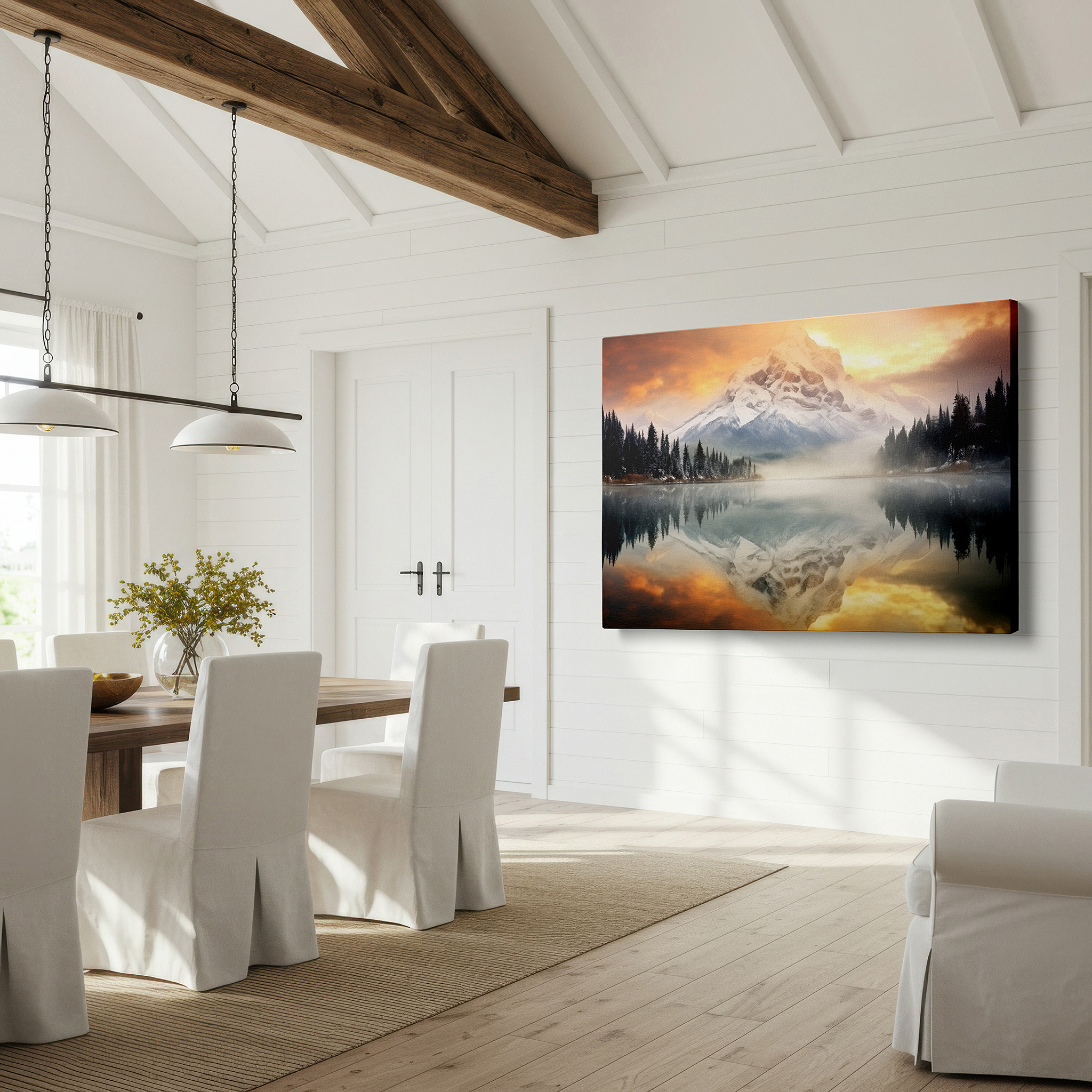 Available in 30×20 cm — a subtle addition to small personal spaces — serene sunset over snow-capped peaks and reflective lake large wall art, canvas wall art, wall art decor, office wall art, bedroom wall art, living room wall art