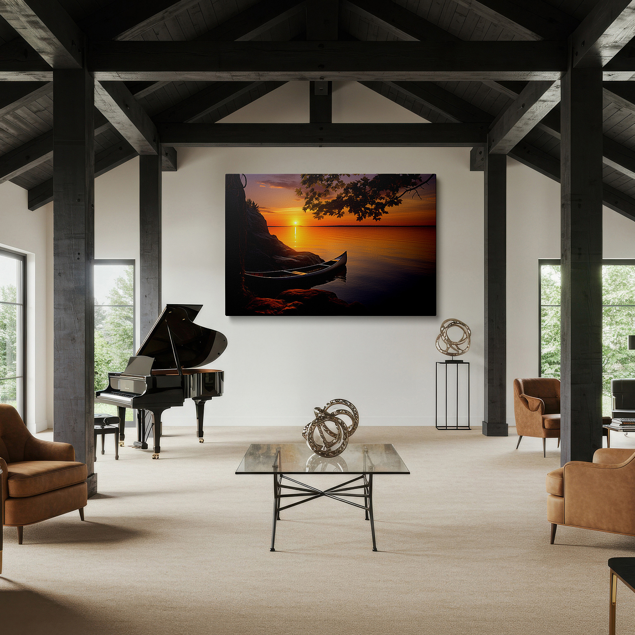 Available in 30×20 cm — a subtle addition to small personal spaces — serene sunset over tranquil lake with canoe and rocky shoreline - large canvas wall art for office, bedroom, and living room decor