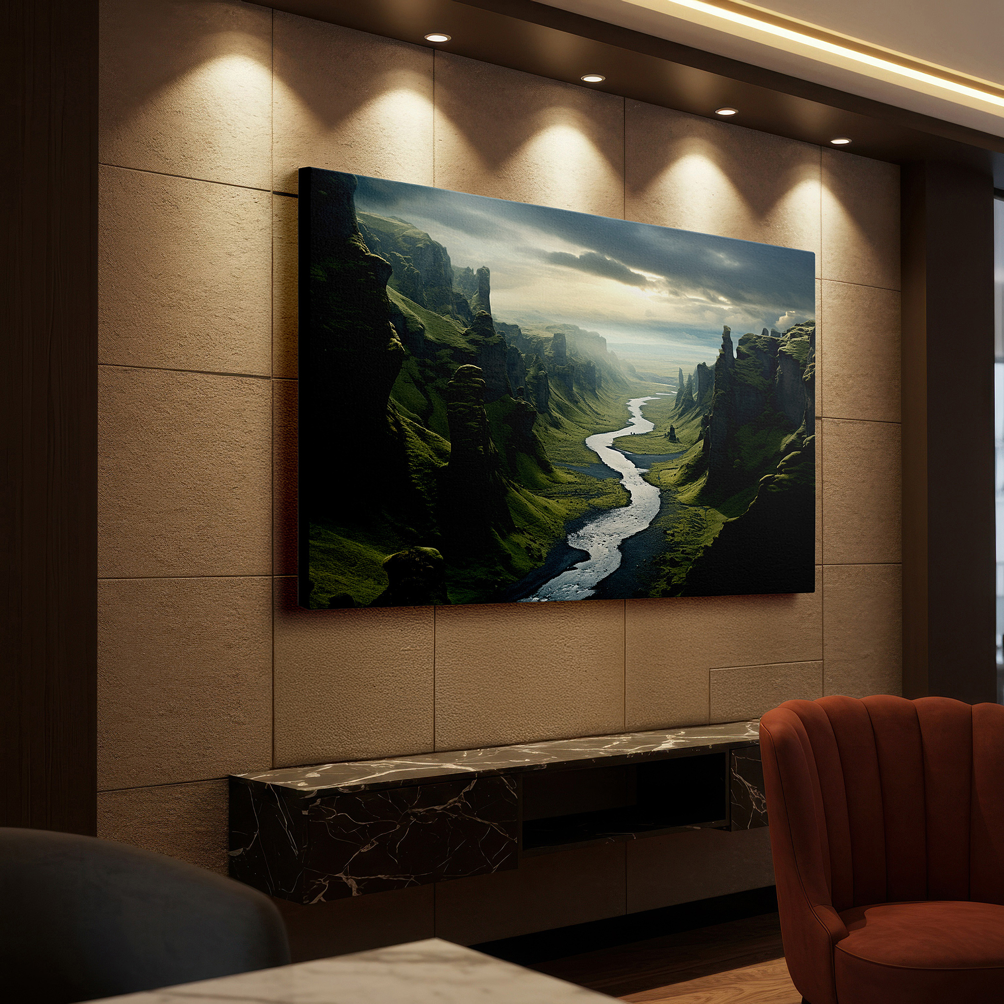 Available in 30×20 cm — a subtle addition to small personal spaces — serene valley scene with tranquil river, towering cliffs, and lush greenery - large canvas wall art for office decor