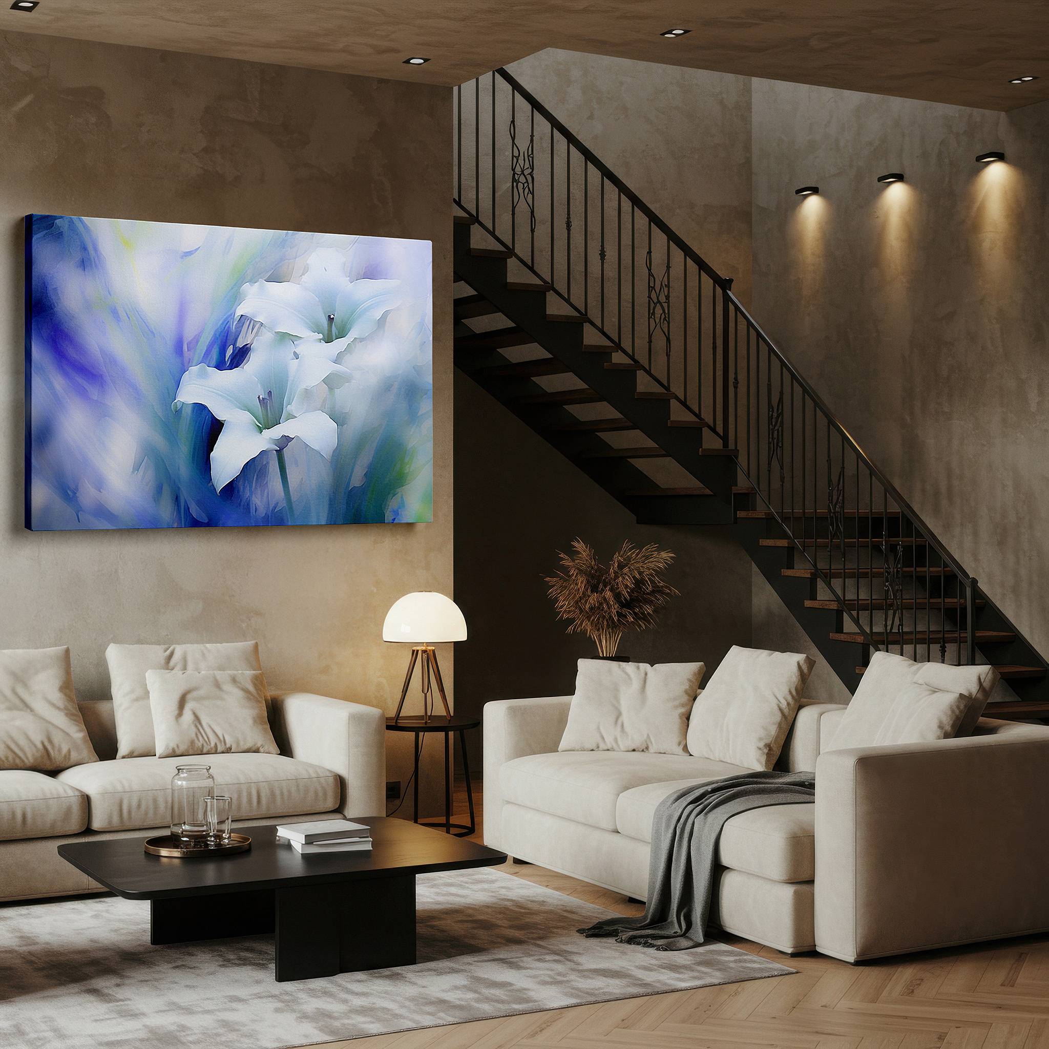 Available in 30×20 cm — a subtle addition to small personal spaces — serene white lilies on soft blue and green background large canvas wall art for office, bedroom, and living room decor