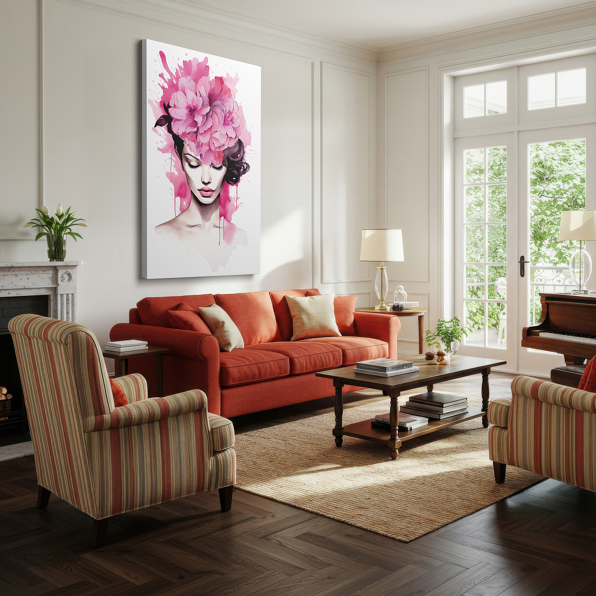 Available in 30×20 cm — a subtle addition to small personal spaces — serene woman embellished with bright pink flowers, representing nature's embrace - large wall art, canvas wall art, wall decor for office and bedroom