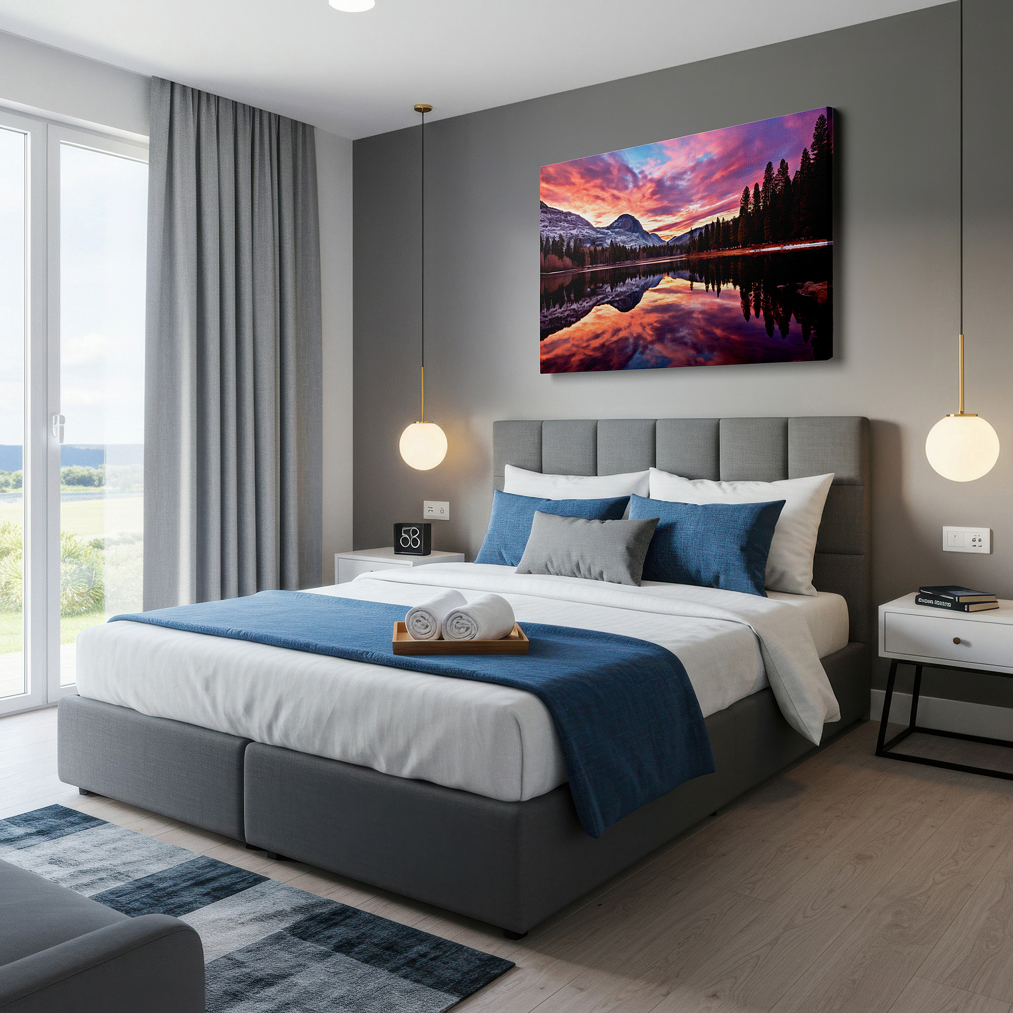 Available in 30×20 cm — a subtle addition to small personal spaces — snow-capped peaks and reflective lake at dawn large canvas wall art for office, bedroom, and living room decor