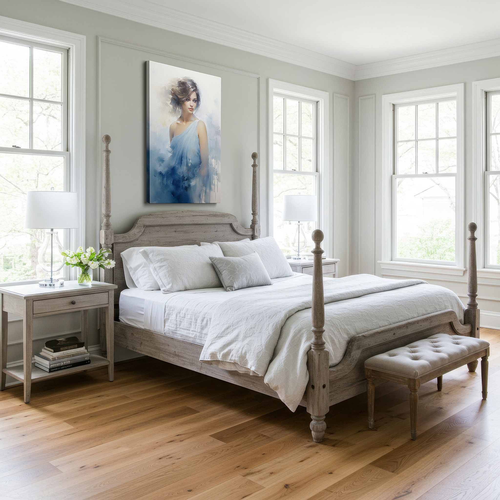 Available in 30×20 cm — a subtle addition to small personal spaces — soft blue tranquility - serene woman in elegant flow, large wall art, canvas wall art, wall decor for office and bedroom