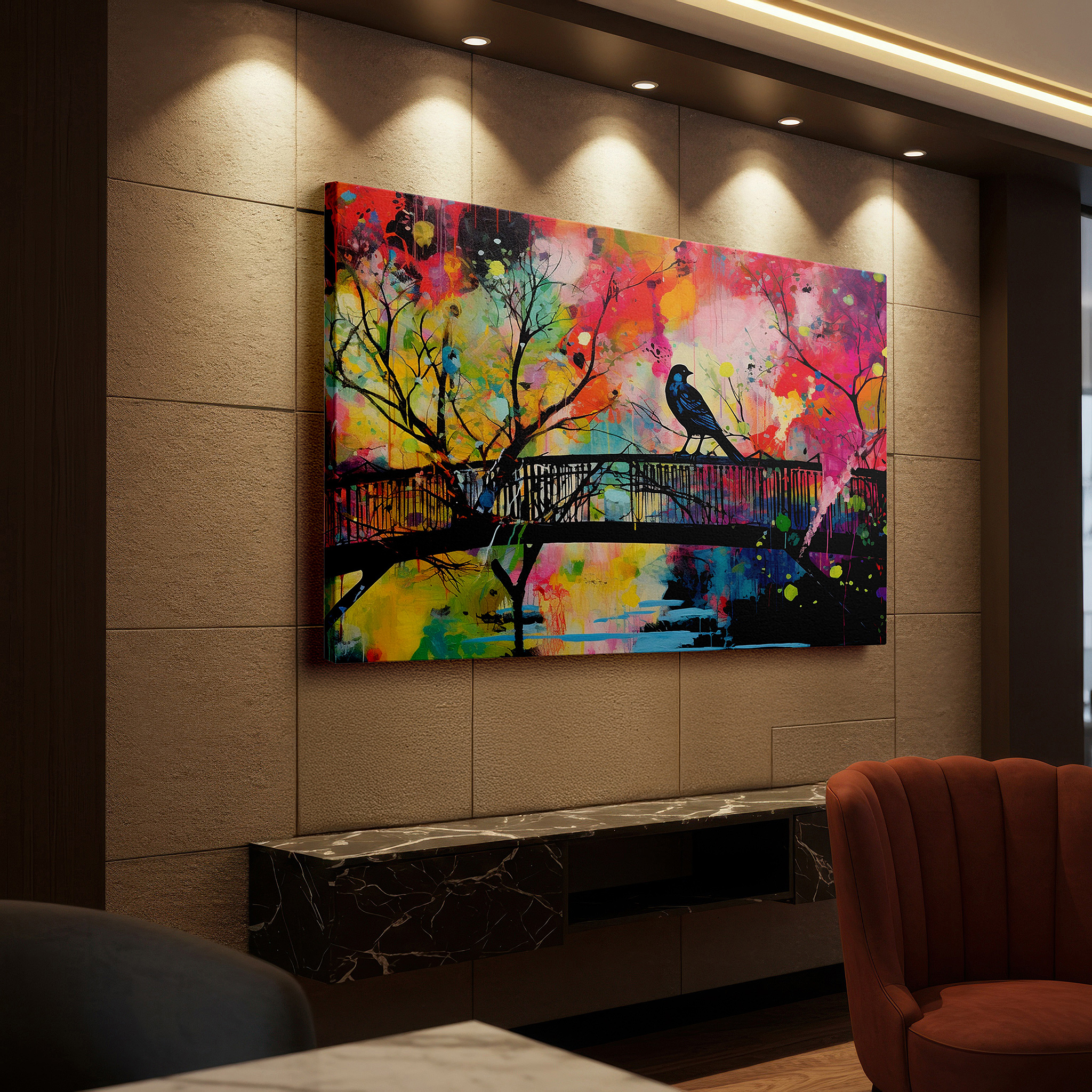 Available in 30×20 cm — a subtle addition to small personal spaces — solitary bird on a bridge surrounded by vivid abstract splashes: a reflection on solitude and nature, large canvas wall art decor