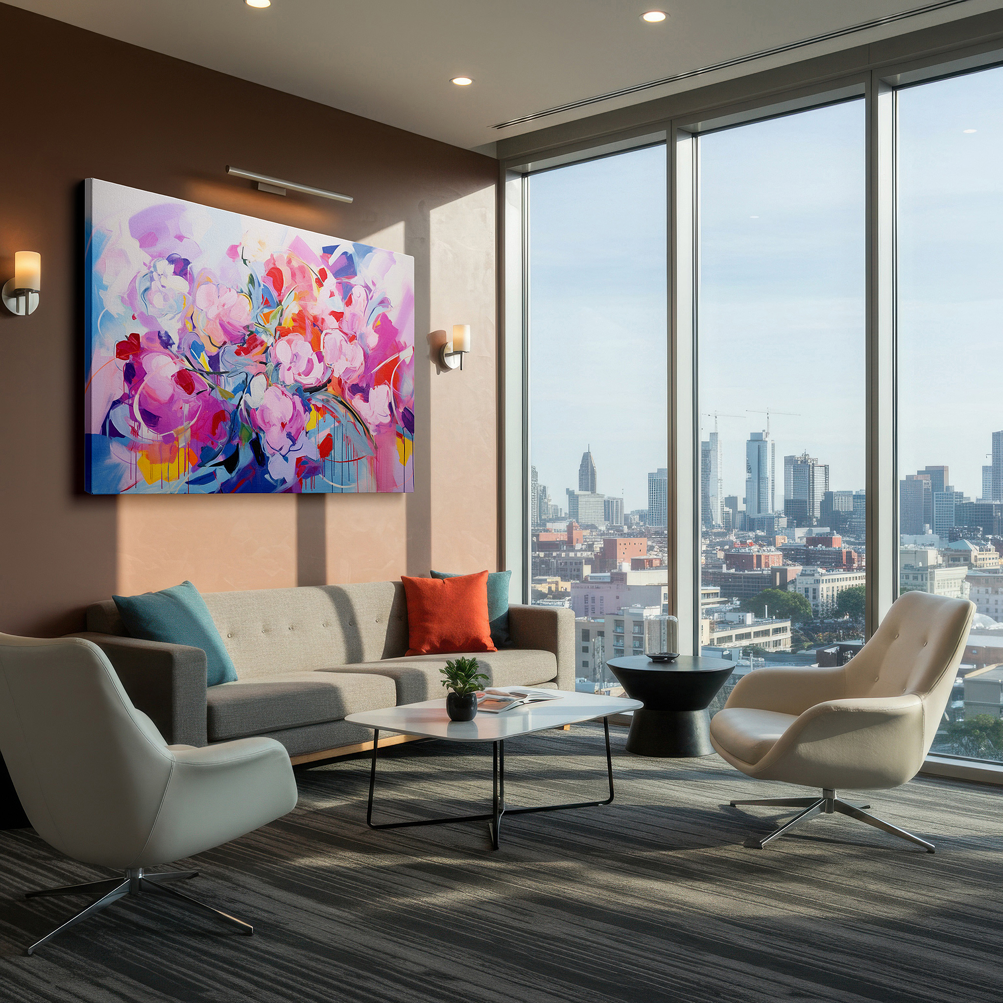 Available in 30×20 cm — a subtle addition to small personal spaces — springtime blossoms in pink and blue: serene and bright large wall art, canvas decor for office and bedroom