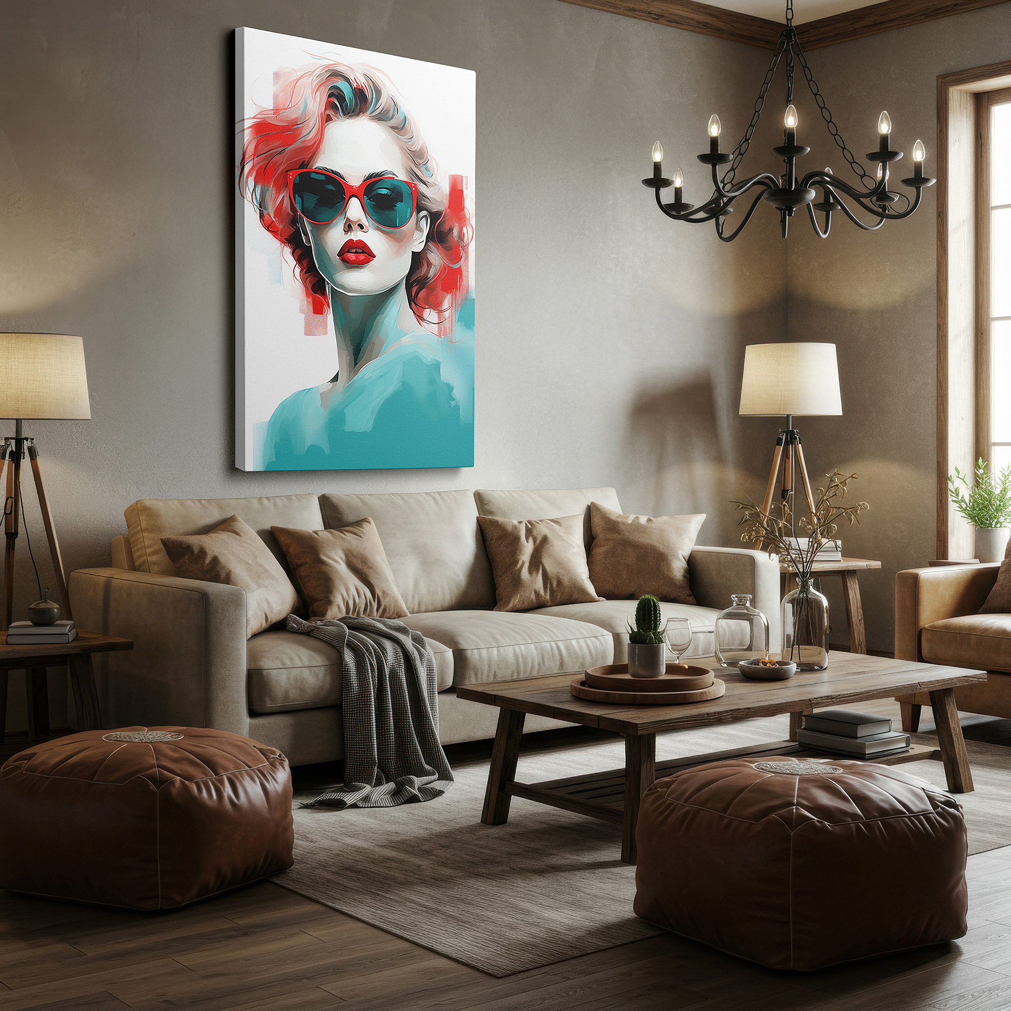 Available in 30×20 cm — a subtle addition to small personal spaces — stunning wall art featuring a woman with turquoise sunglasses and bright red lips, ideal for office or bedroom decor