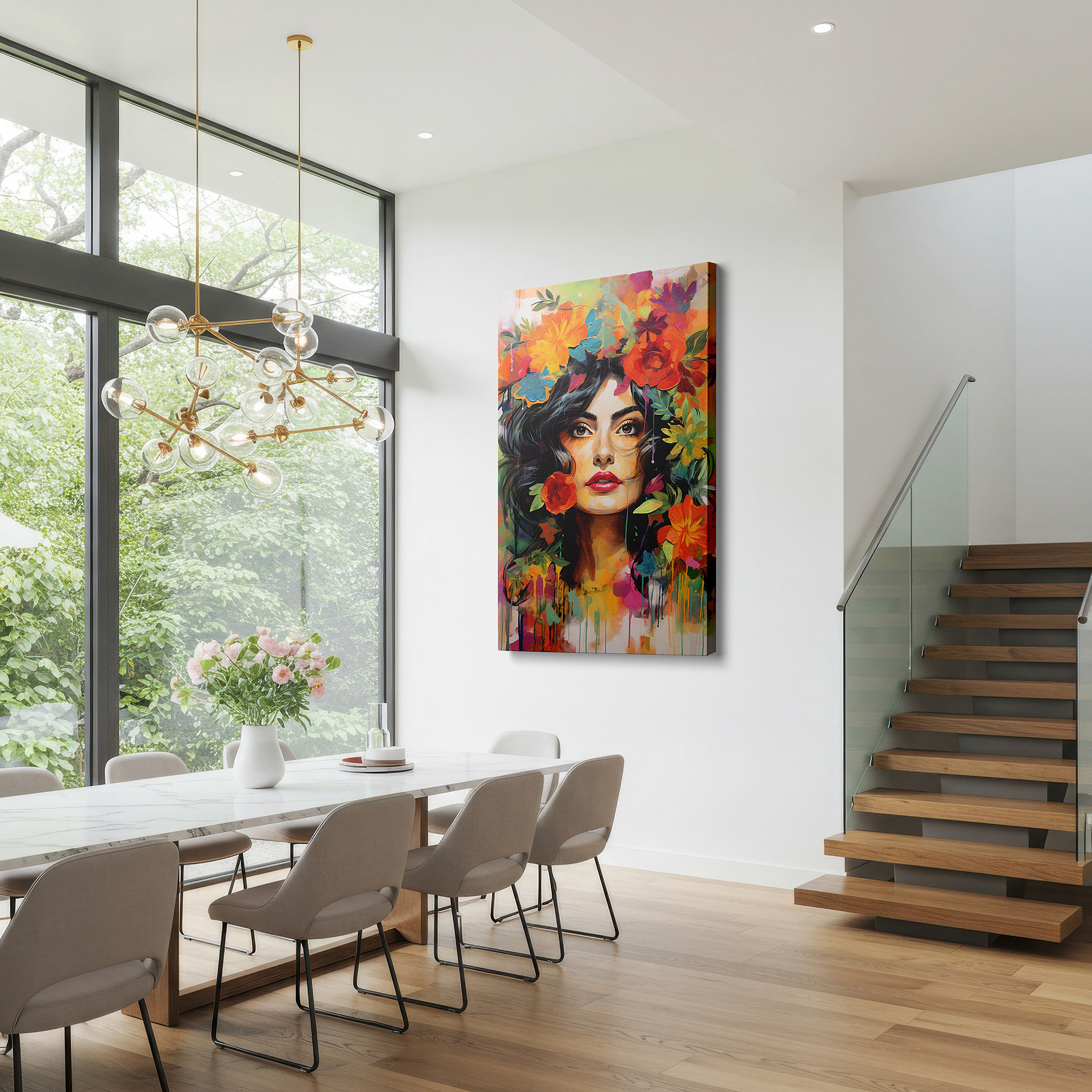 Available in 30×20 cm — a subtle addition to small personal spaces — stunning wall art featuring a woman with a colorful floral crown, a blend of vibrant colors and emotions, available as large canvas wall art