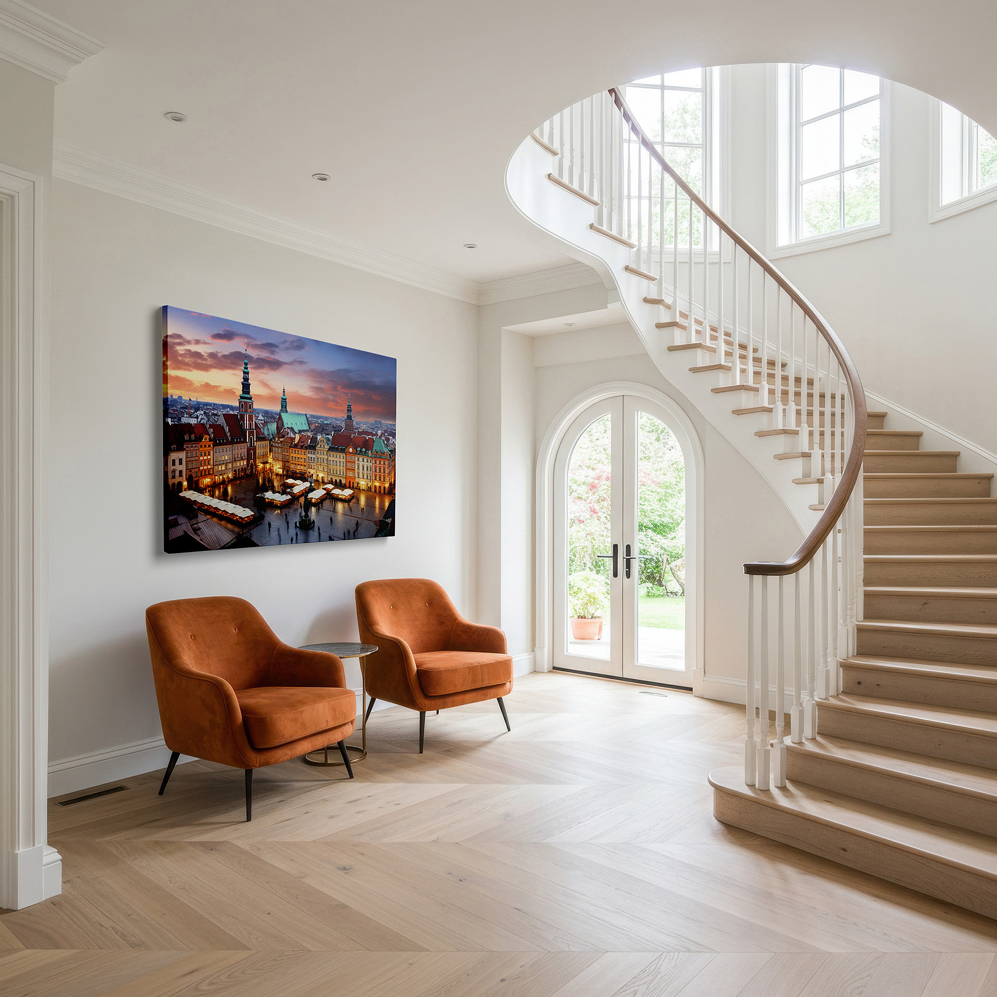 Available in 30×20 cm — a subtle addition to small personal spaces — sunset glow over historic town square: a display of architectural beauty and community spirit - large wall art, canvas wall art, wall decor for office