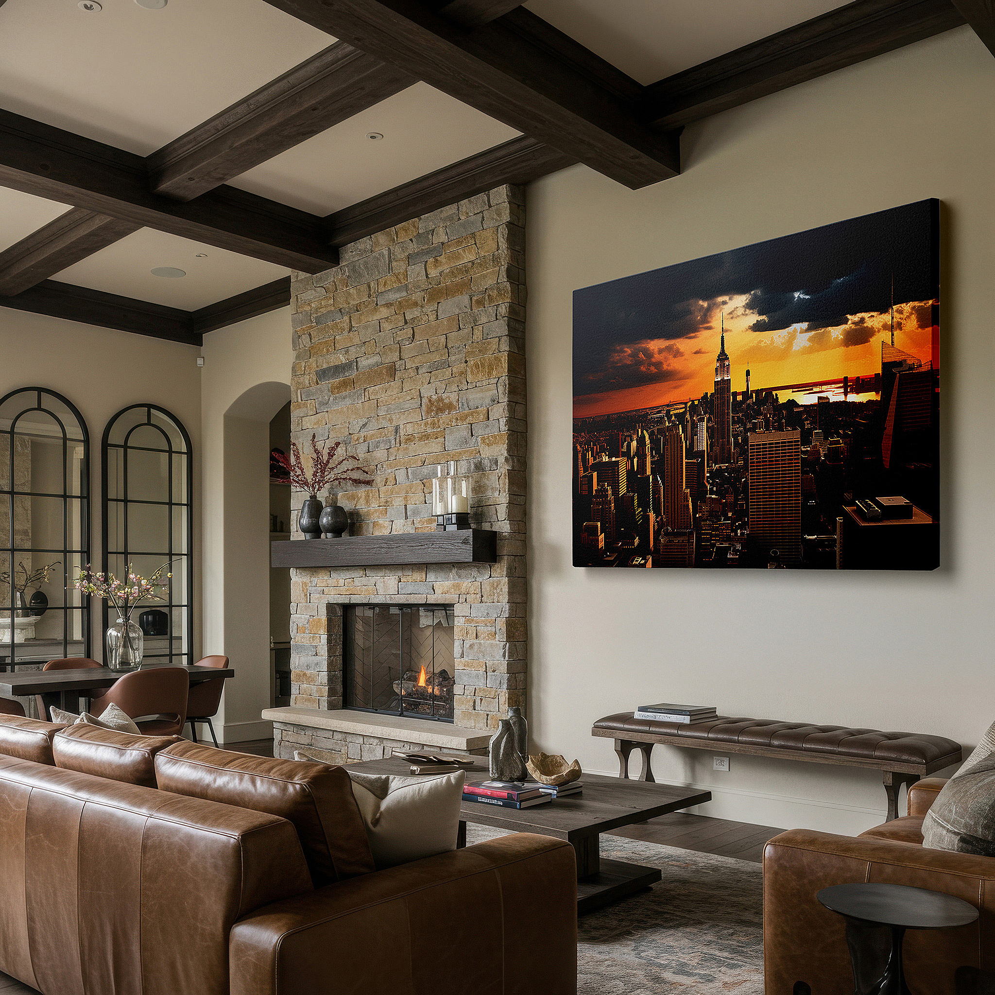Available in 30×20 cm — a subtle addition to small personal spaces — sunset illumination of the empire state building, warm golden cityscape large wall art, canvas wall art, wall decor for office