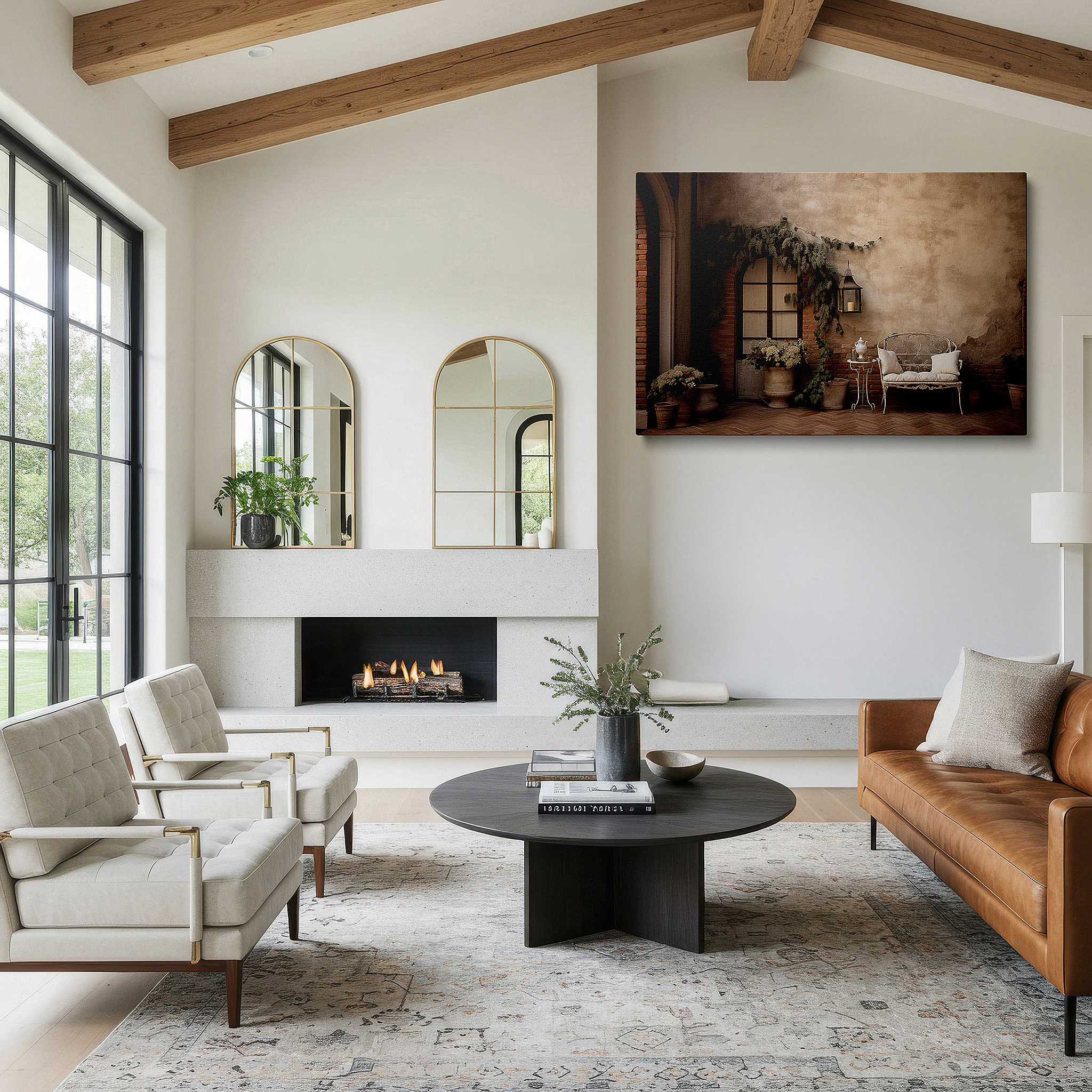 Available in 30×20 cm — a subtle addition to small personal spaces — tranquil garden oasis canvas wall art featuring rustic bench and lush greenery for office, bedroom, and living room decor