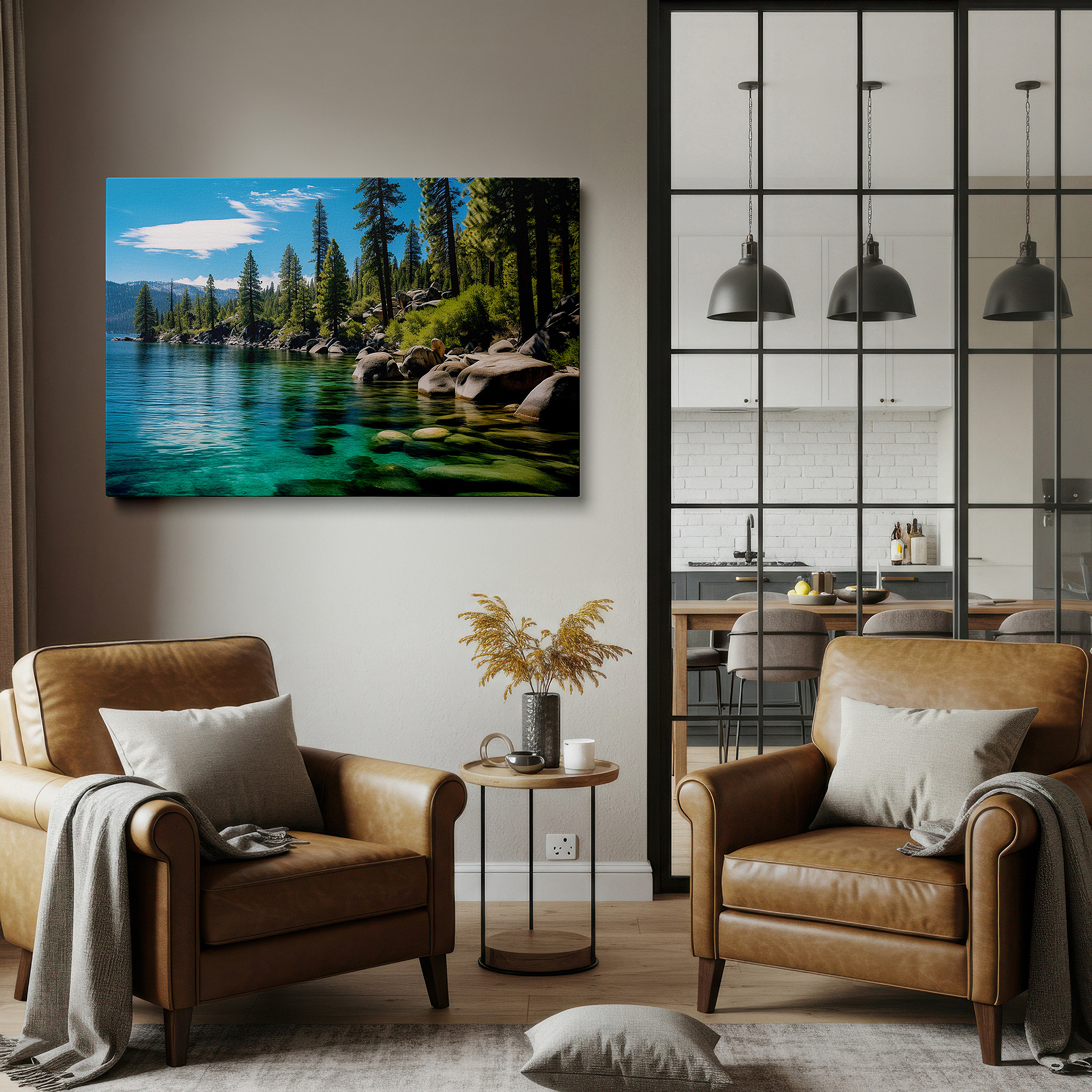 Available in 30×20 cm — a subtle addition to small personal spaces — tranquil lakeside view featuring sky, water, rocks, and pine trees - ideal for peaceful environments, large canvas wall art, home and office decor