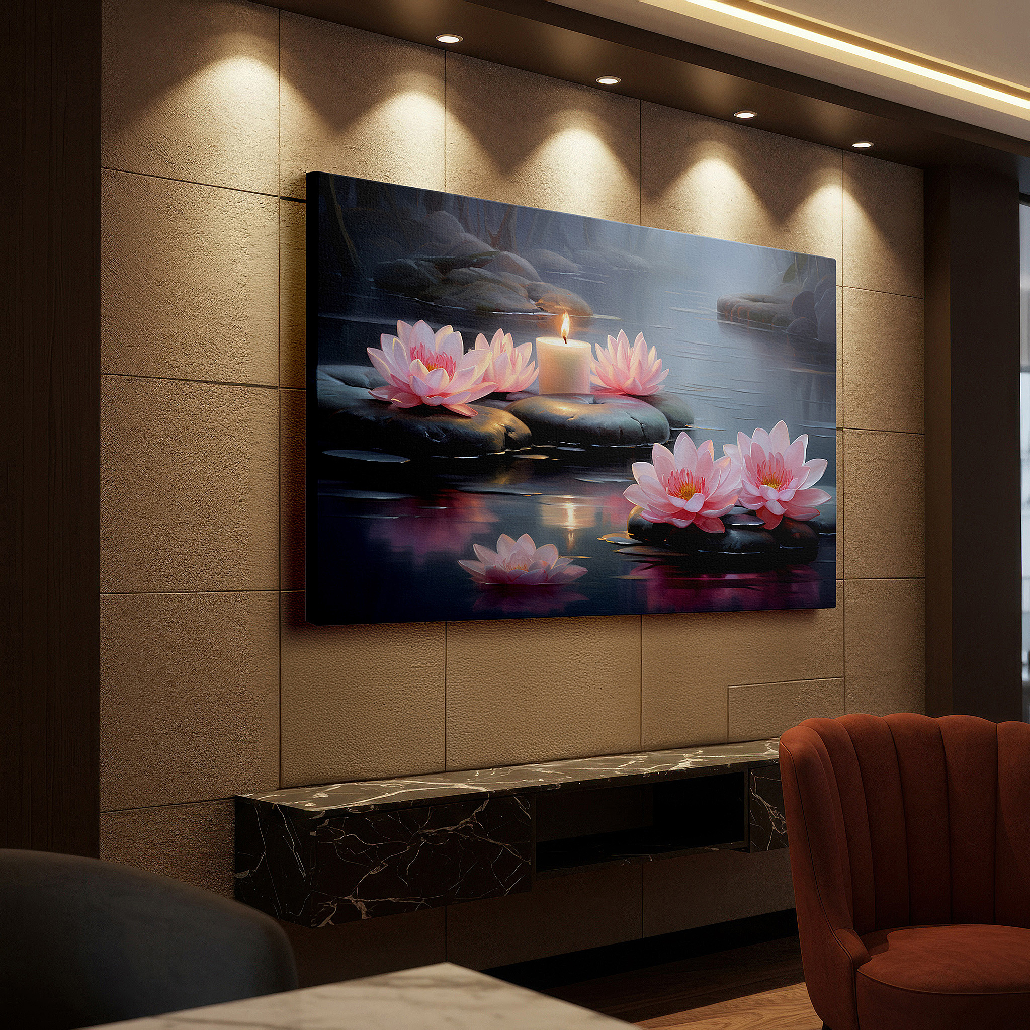 Available in 30×20 cm — a subtle addition to small personal spaces — tranquil pond with water lilies and candlelight wall art: serene escape large canvas for home and office decor, perfect for living room and bedroom