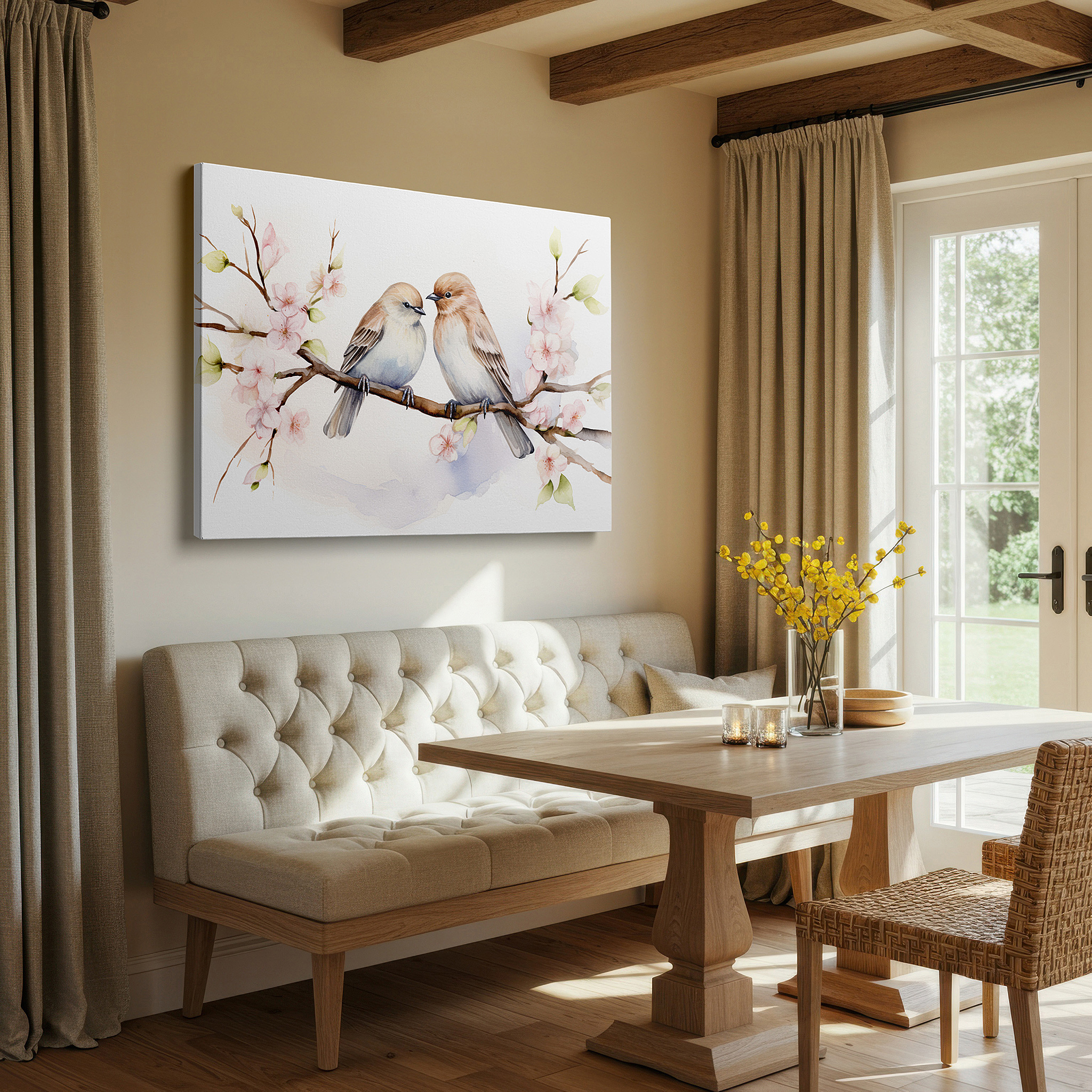 Available in 30×20 cm — a subtle addition to small personal spaces — tranquil spring scene with birds on blossoming branches, serene nature large wall art, canvas wall decor for office
