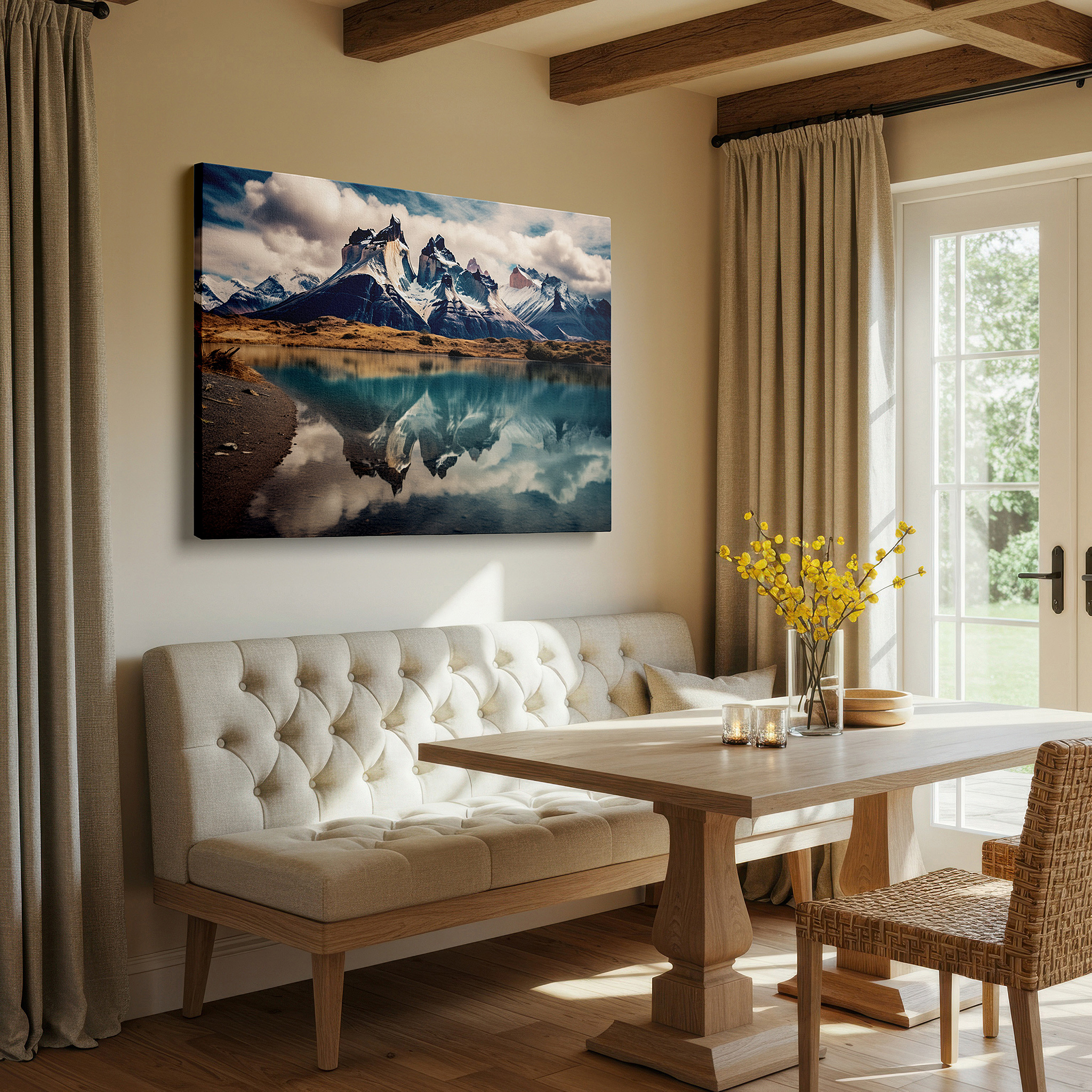 Available in 30×20 cm — a subtle addition to small personal spaces — twilight glow on majestic mountains and serene lake reflections large wall art, canvas wall art, wall decor for office and bedroom