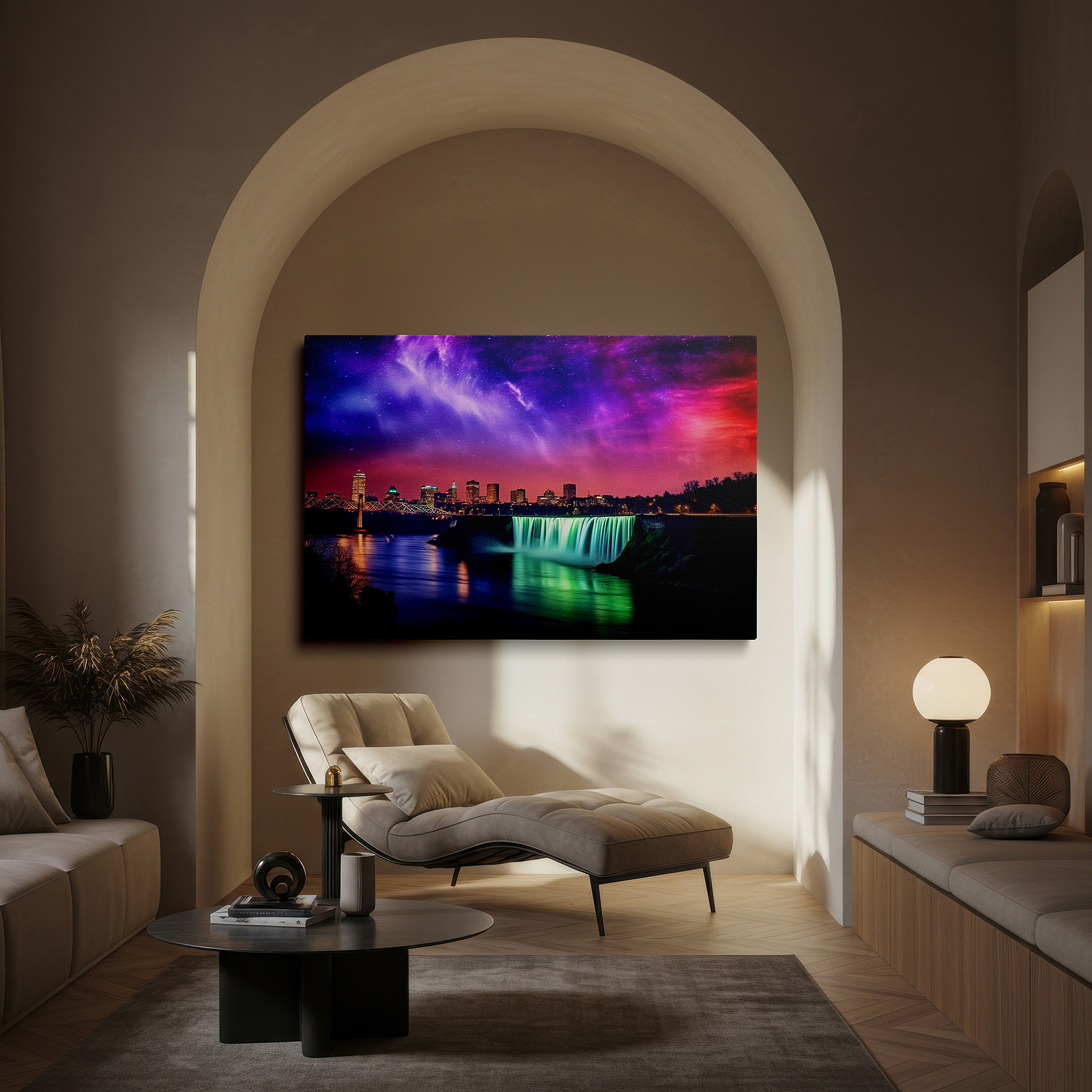 Available in 30×20 cm — a subtle addition to small personal spaces — twilight urban nightscape with waterfall - where vibrant city life meets tranquil nature, large canvas wall art for home and office decor