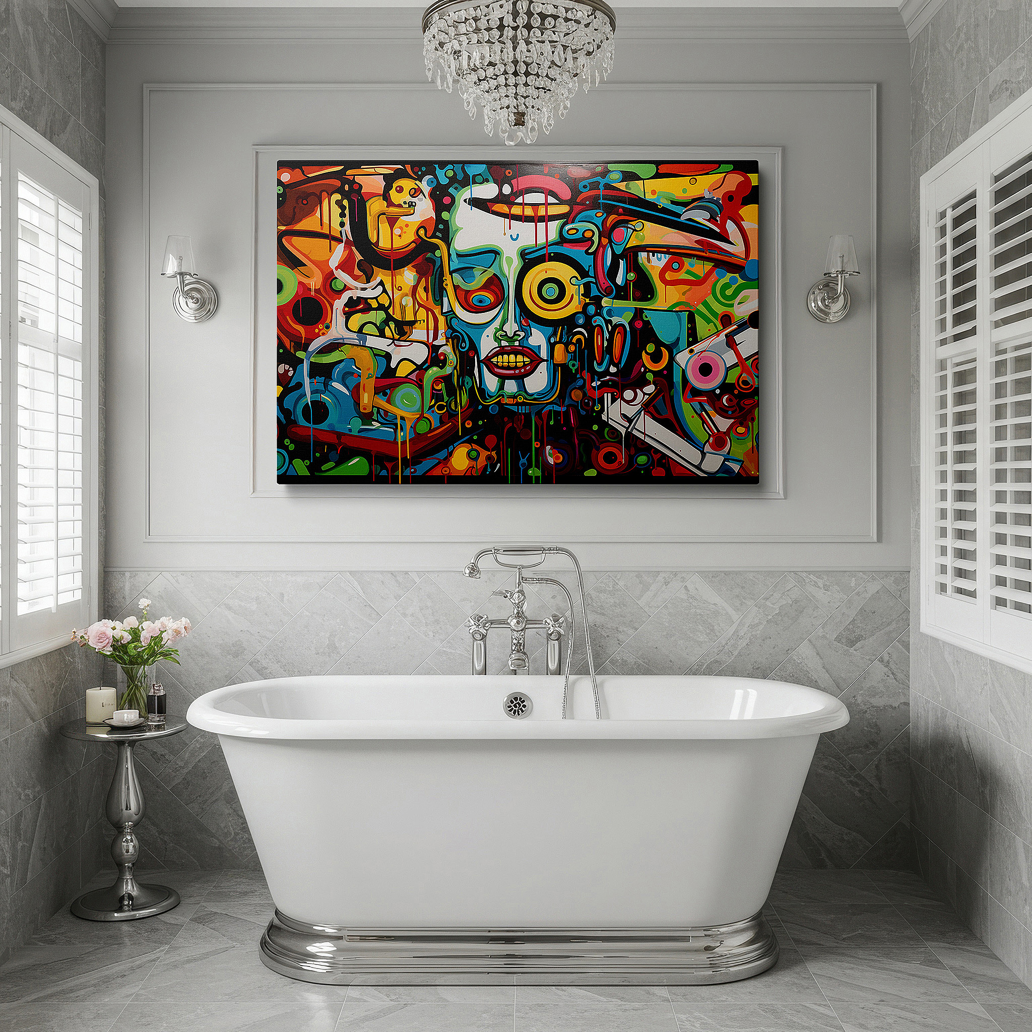 Available in 30×20 cm — a subtle addition to small personal spaces — vibrant abstract symphony wall art featuring dynamic swirls and stylized faces - large canvas art for home and office decor