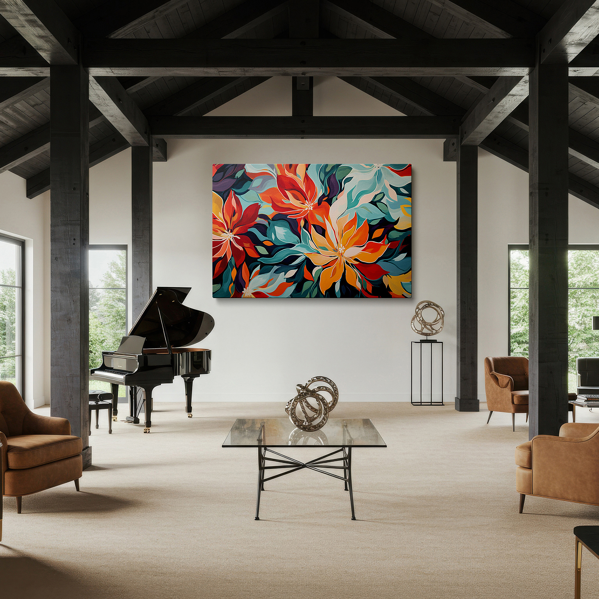 Available in 30×20 cm — a subtle addition to small personal spaces — vibrant floral symphony wall art in red, orange, and teal - large canvas for office, bedroom, and living room decor