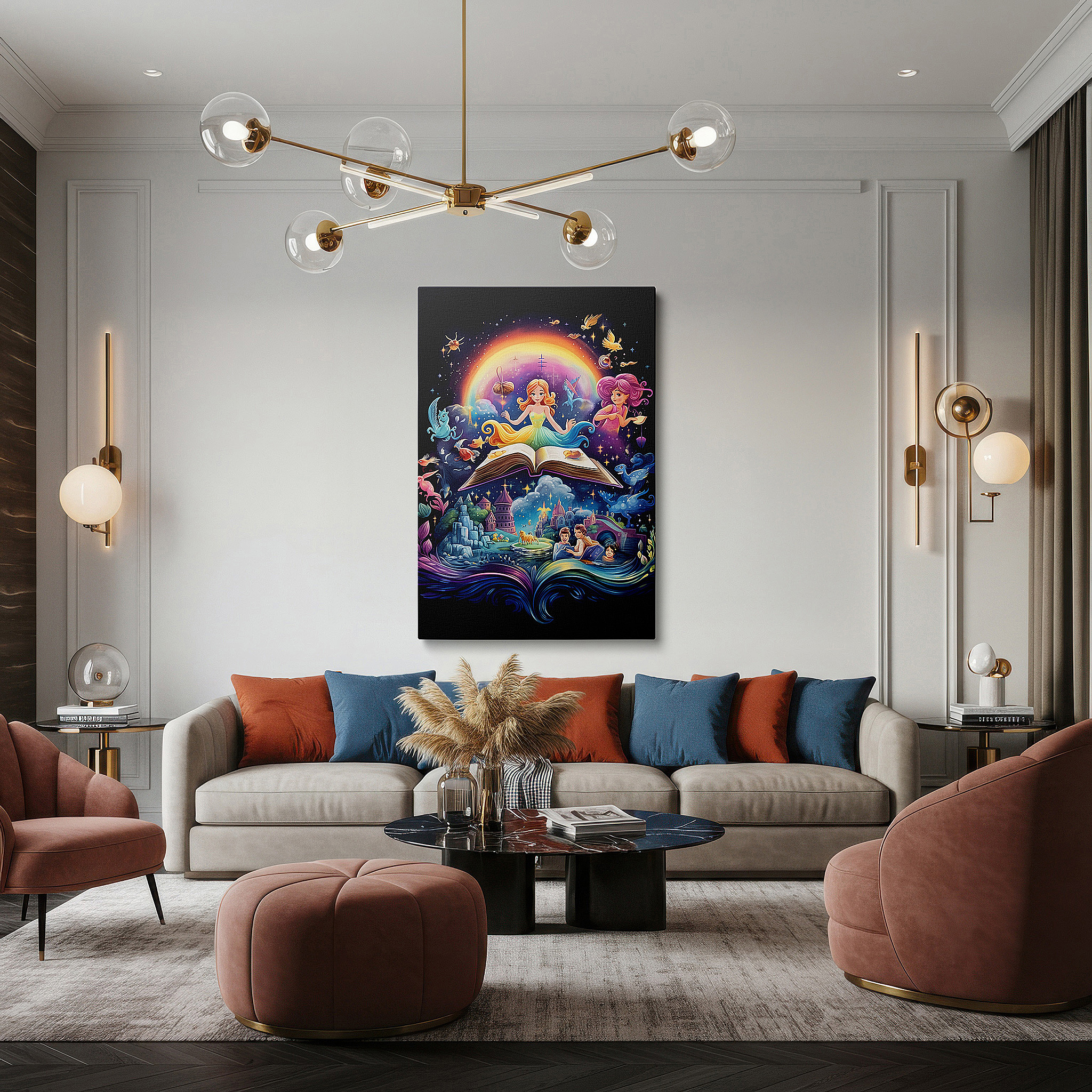 Available in 30×20 cm — a subtle addition to small personal spaces — wall art: enchanting scene of a girl levitating over a book, unleashing magic and wonder - large canvas for home and office decor, perfect for living rooms and bedrooms.