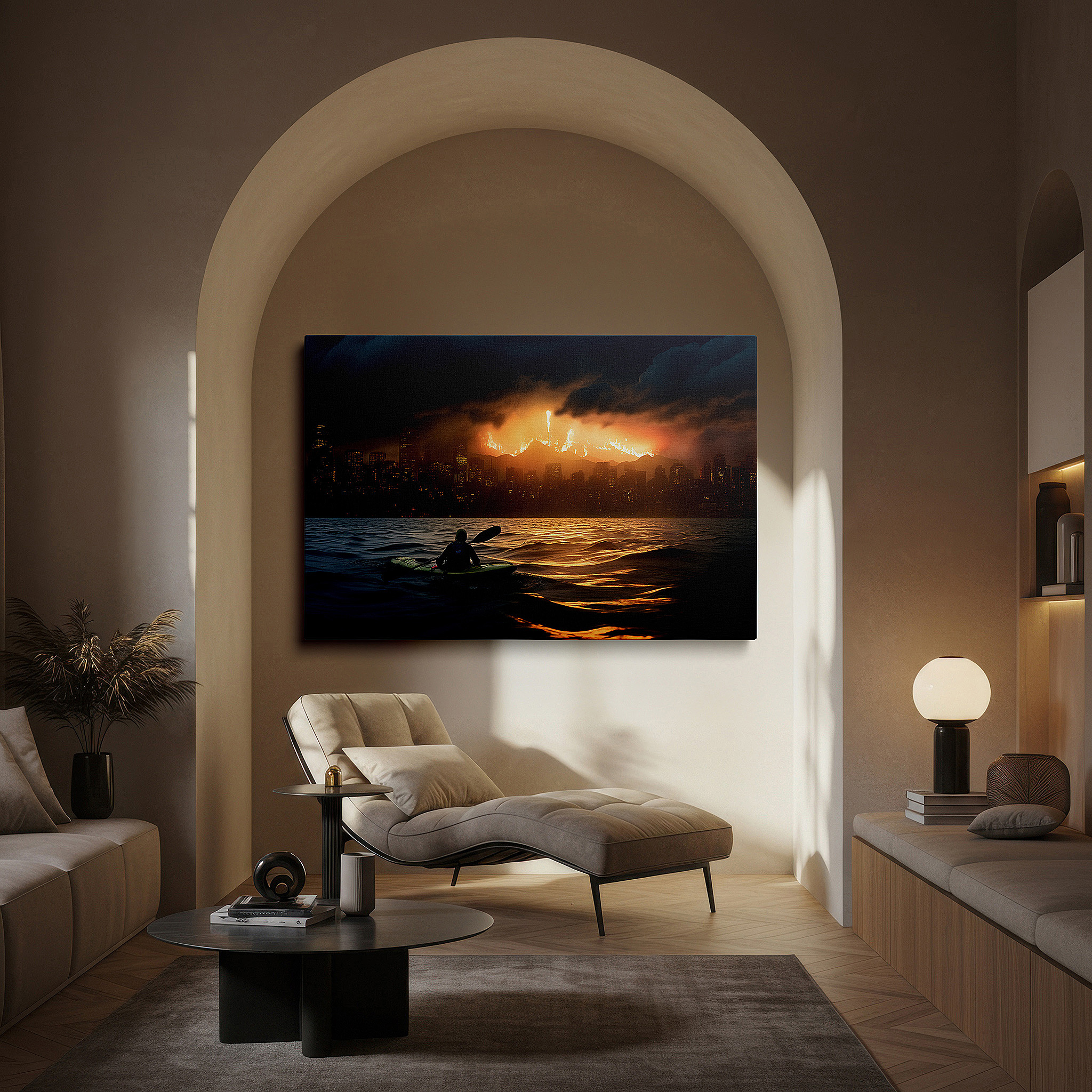 Available in 30×20 cm — a subtle addition to small personal spaces — wall art: "kayaker's calm in the storm - city ablaze" - where nature's tranquility clashes with urban chaos, large canvas wall art for home and office decor