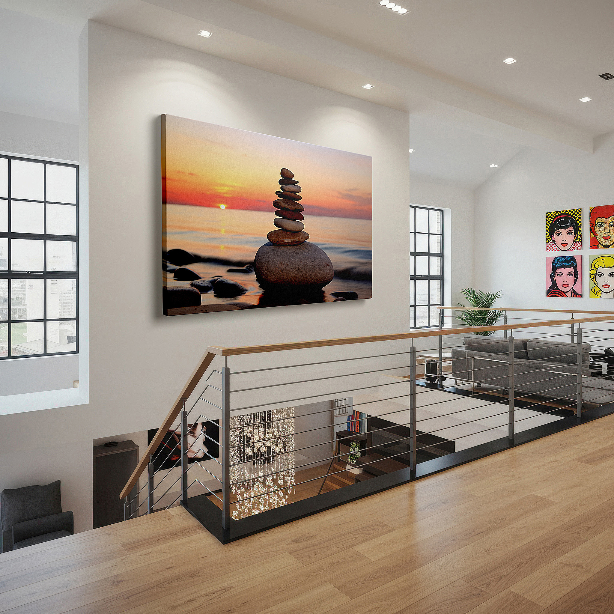 Available in 30×20 cm — a subtle addition to small personal spaces — wall art: serene beach stones at dusk - perfectly balanced and peaceful large canvas art for home and office decor