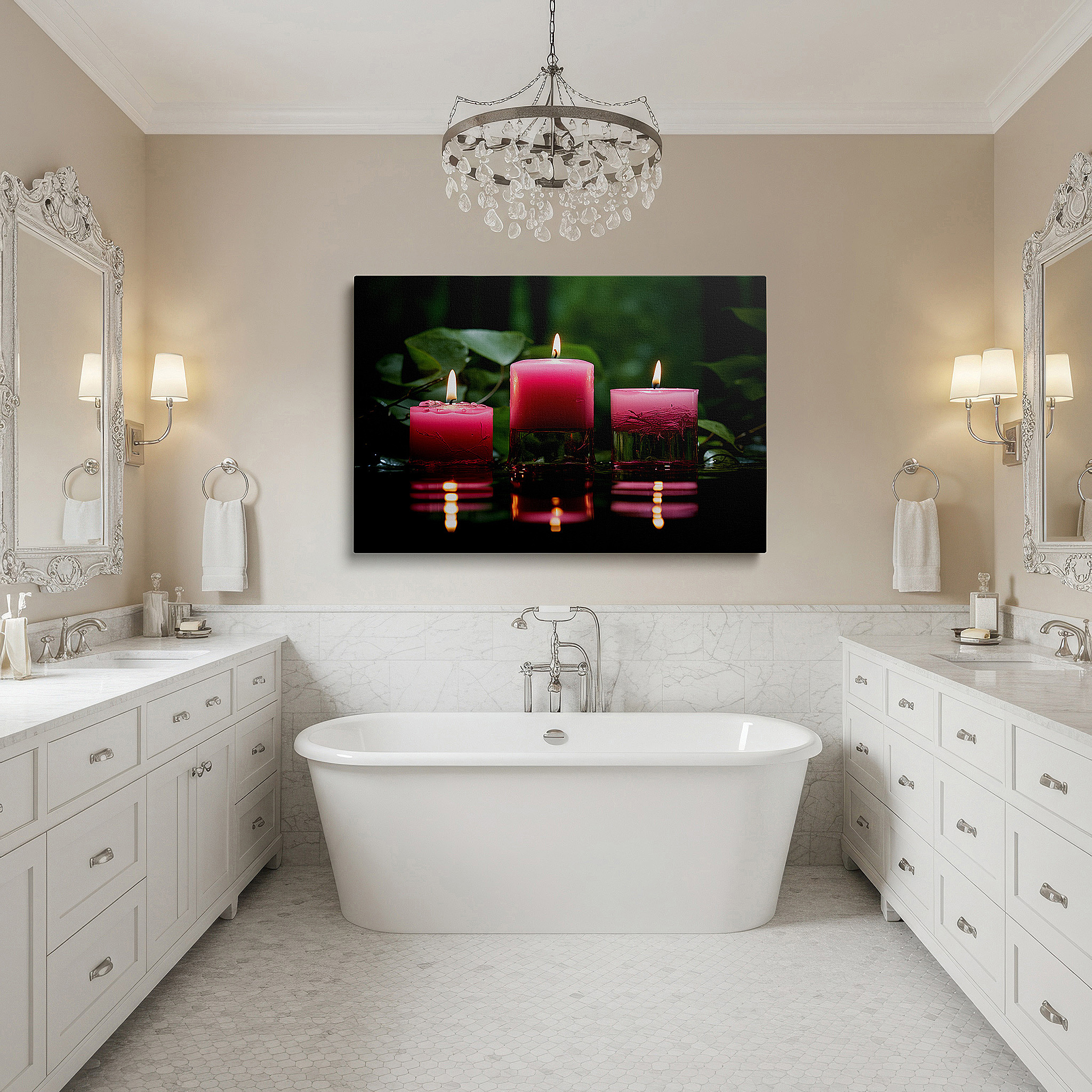 Available in 30×20 cm — a subtle addition to small personal spaces — wall art: serene set of three pink candles with a vibrant green background - large canvas wall art for office, bedroom, and living room decor