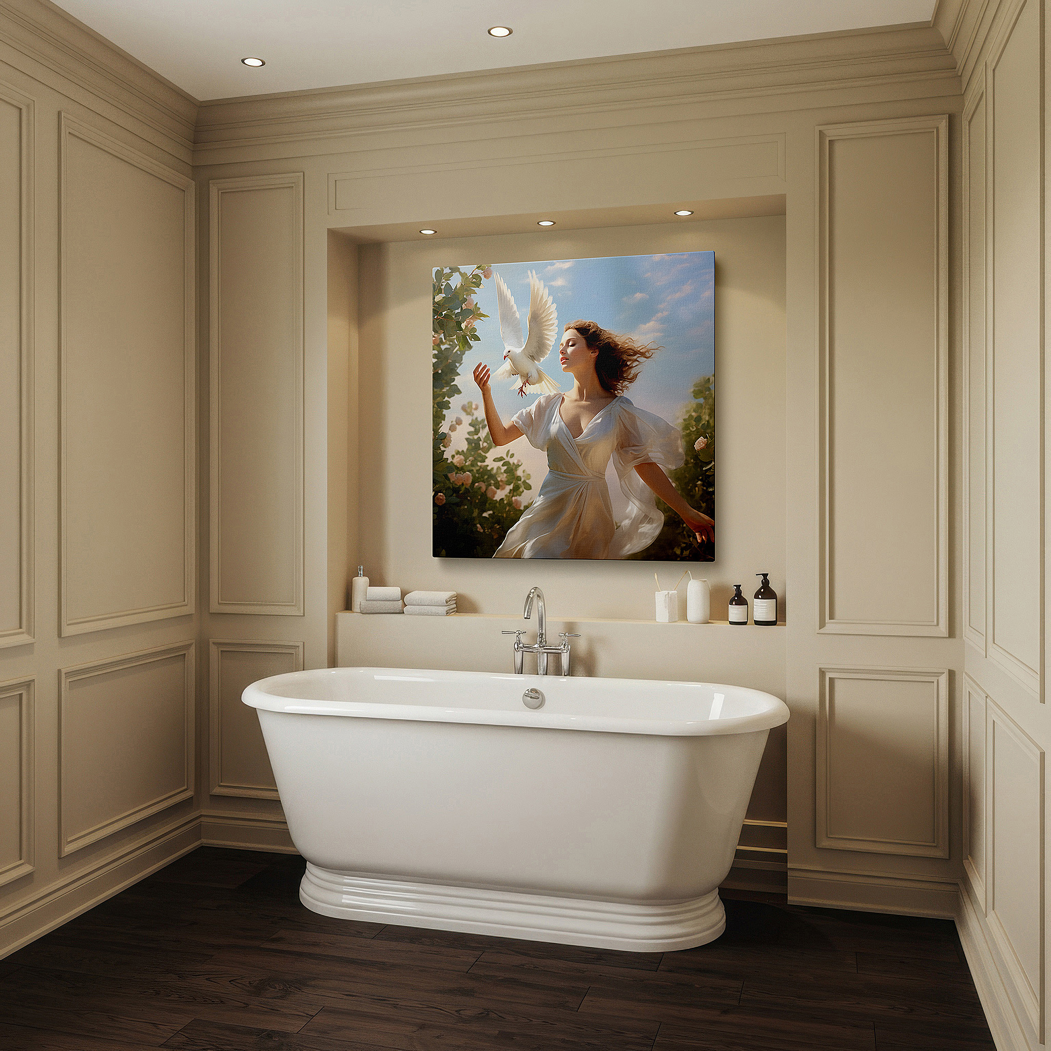 Available in 30×20 cm — a subtle addition to small personal spaces — wall art: tranquil scene of a woman in a white dress holding a dove, representing peace and freedom - large canvas wall art for home and office decor