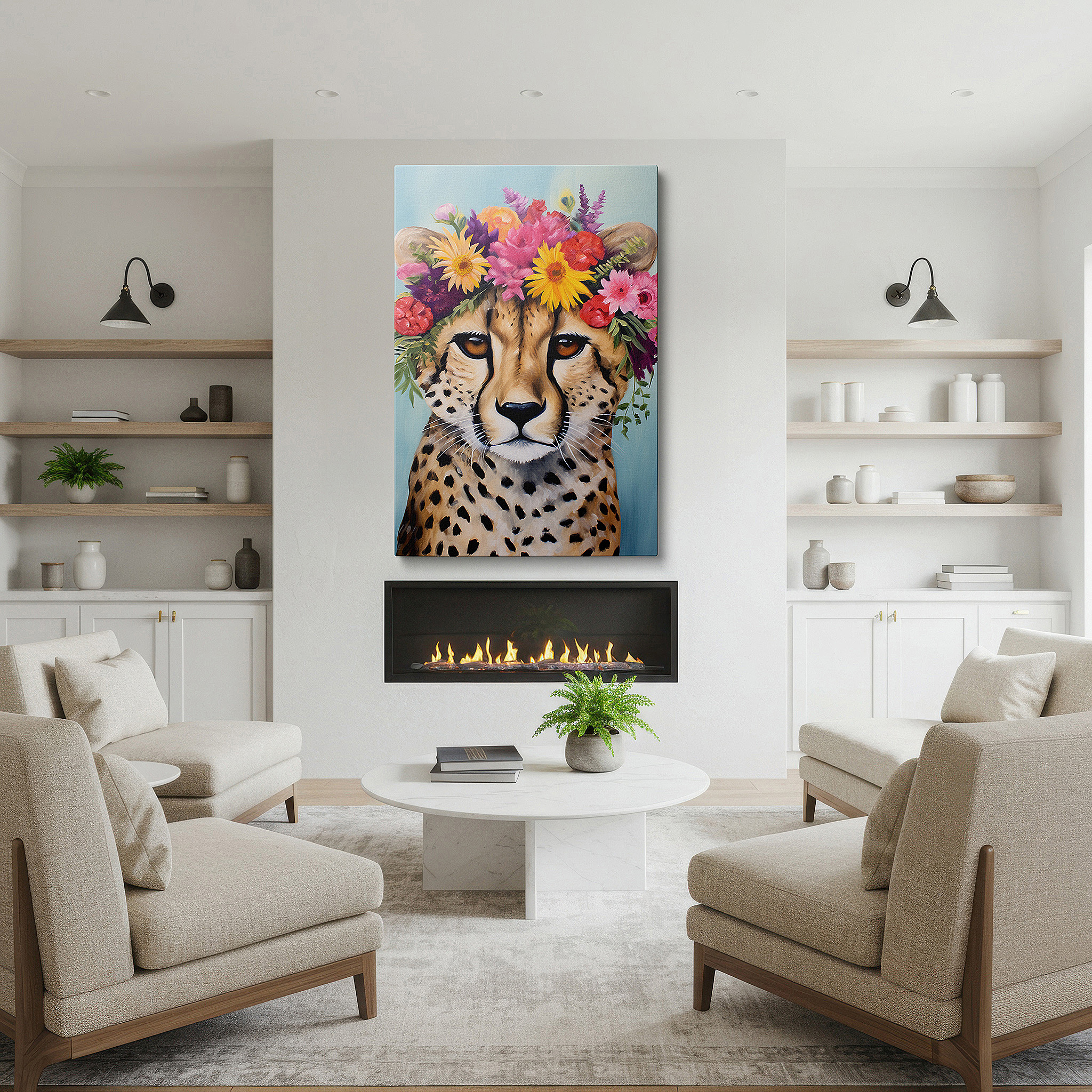 Available in 30×20 cm — a subtle addition to small personal spaces — wall decor: enchanting cheetah adorned with flower crown - a fusion of wilderness elegance and creative playfulness, large canvas wall art for home and office decor