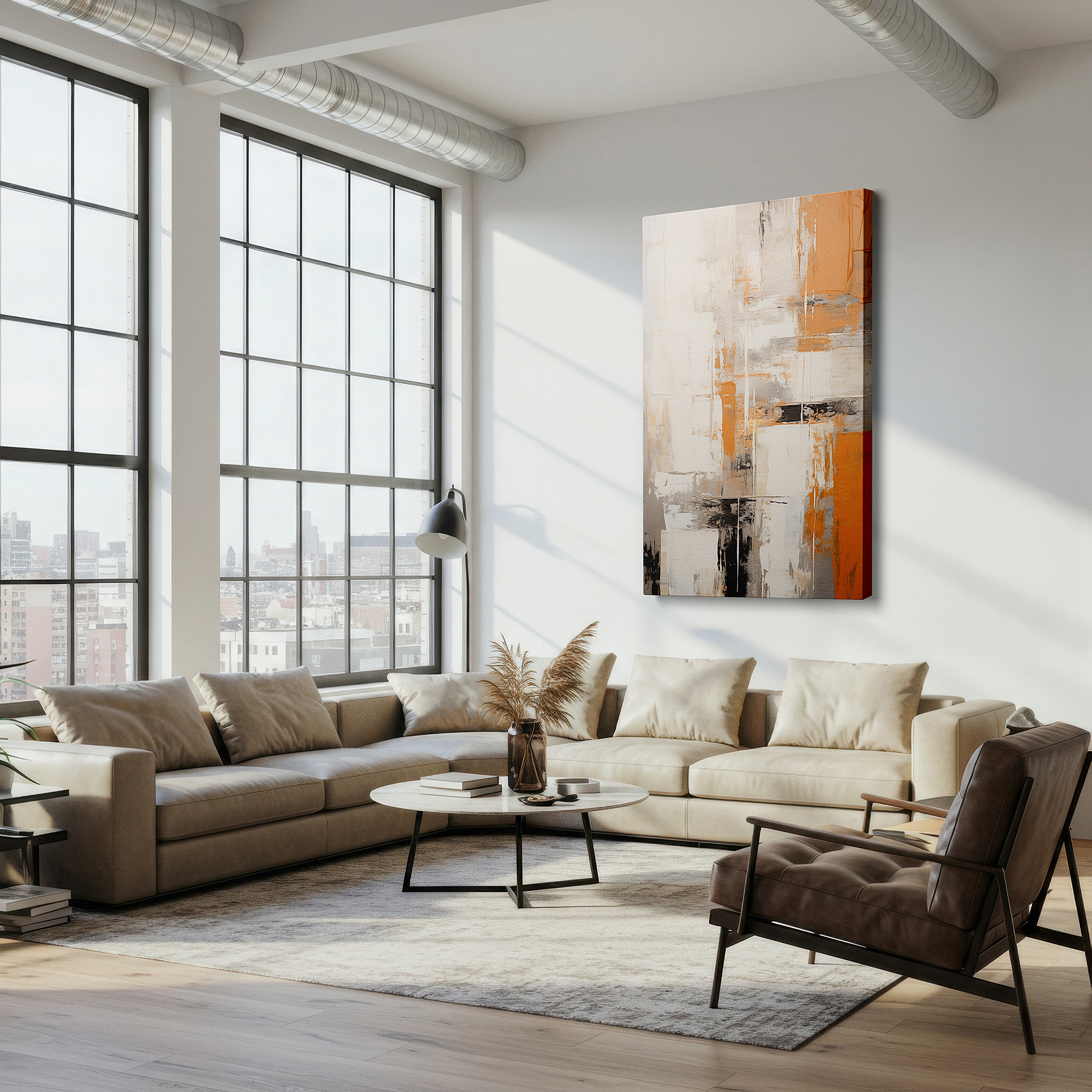 Back view reveals professional finishing and solid wood frame — abstract expressionism large wall art featuring a symphony of white, orange, black, and silver, canvas wall art, wall art decor, office wall art