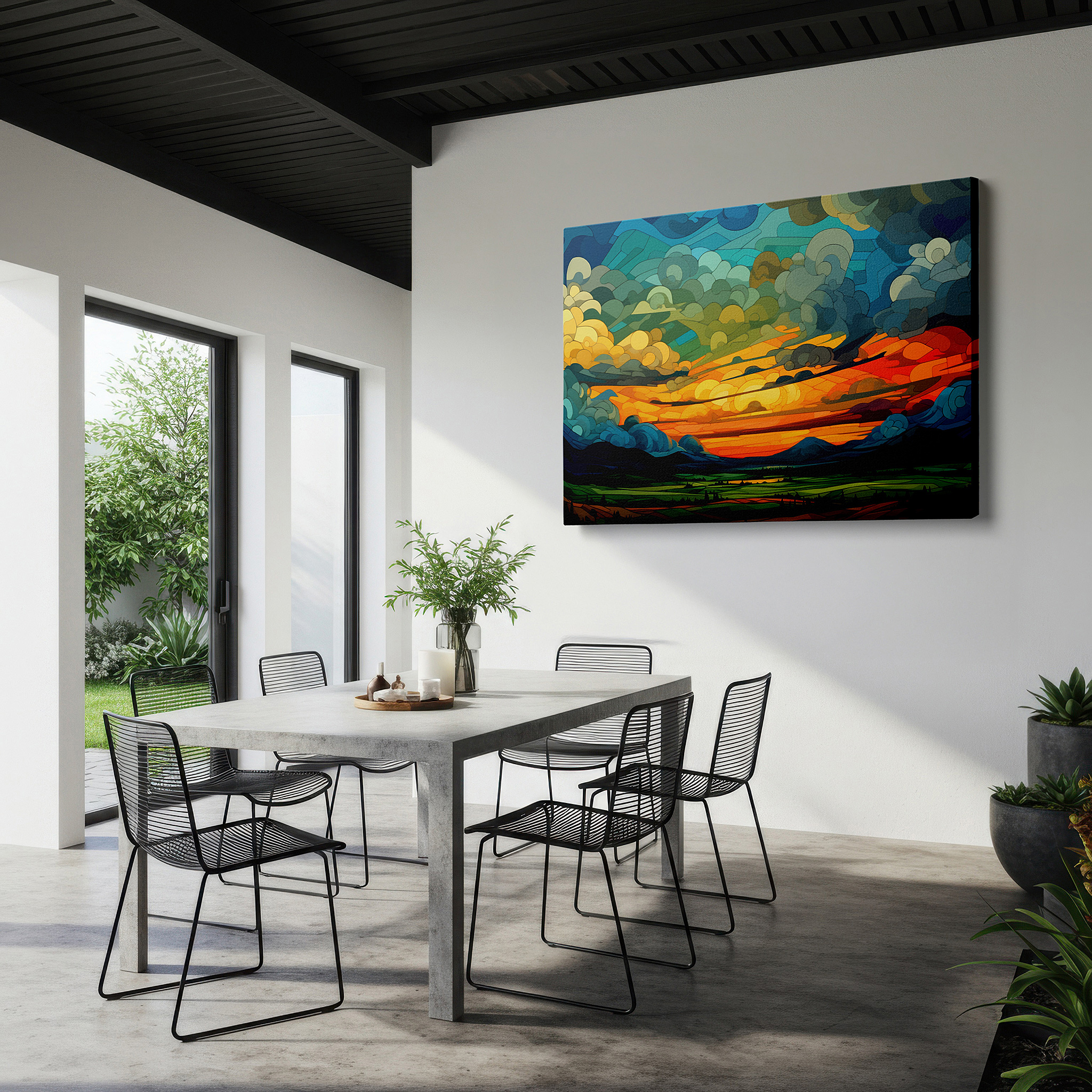 Back view reveals professional finishing and solid wood frame — abstract sunset over mountain silhouettes - a captivating mix of warm and cool tones, large wall art, canvas wall art, wall decor for office