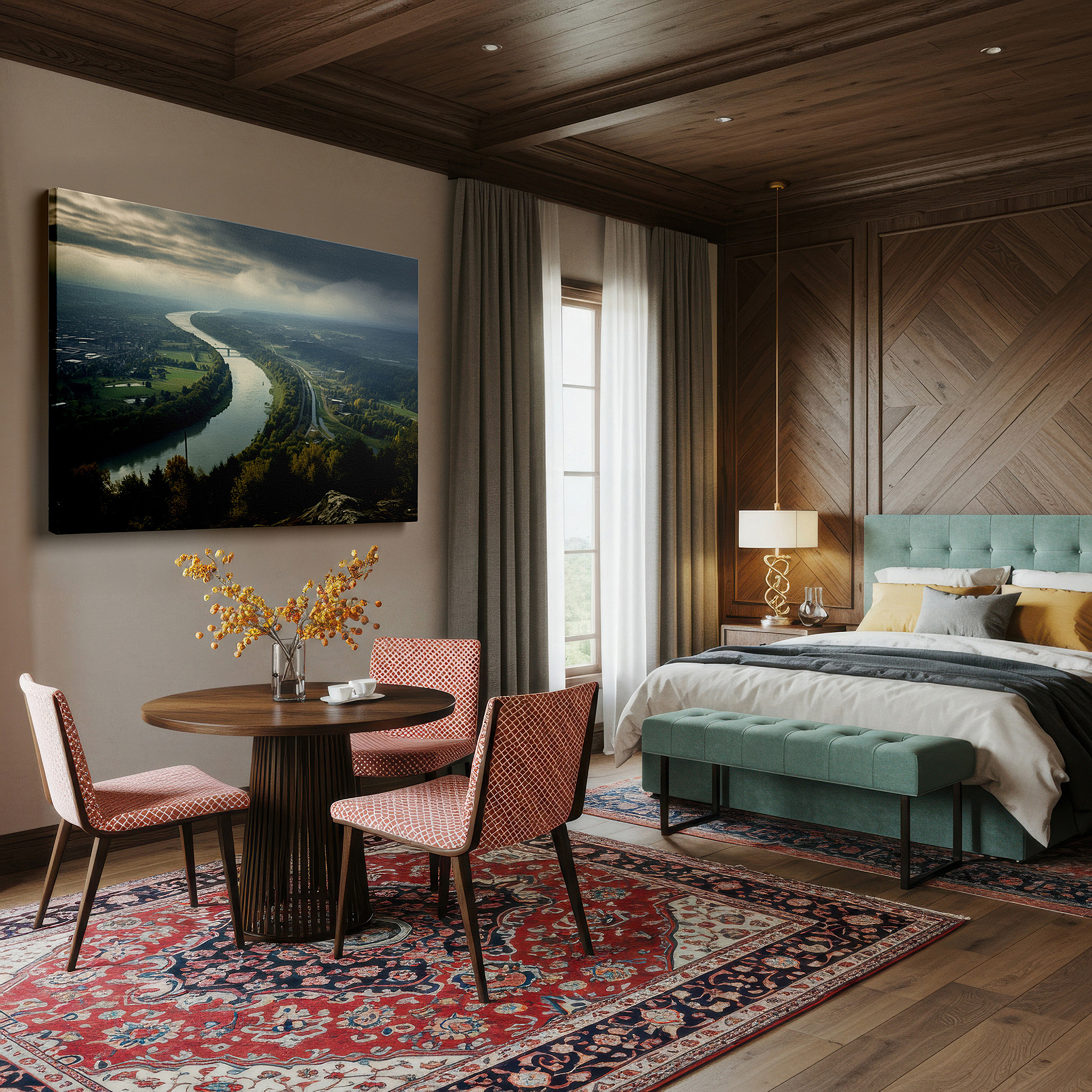 Back view reveals professional finishing and solid wood frame — aerial river and lush greenery canvas wall art with dramatic sky for office, bedroom, and living room decor