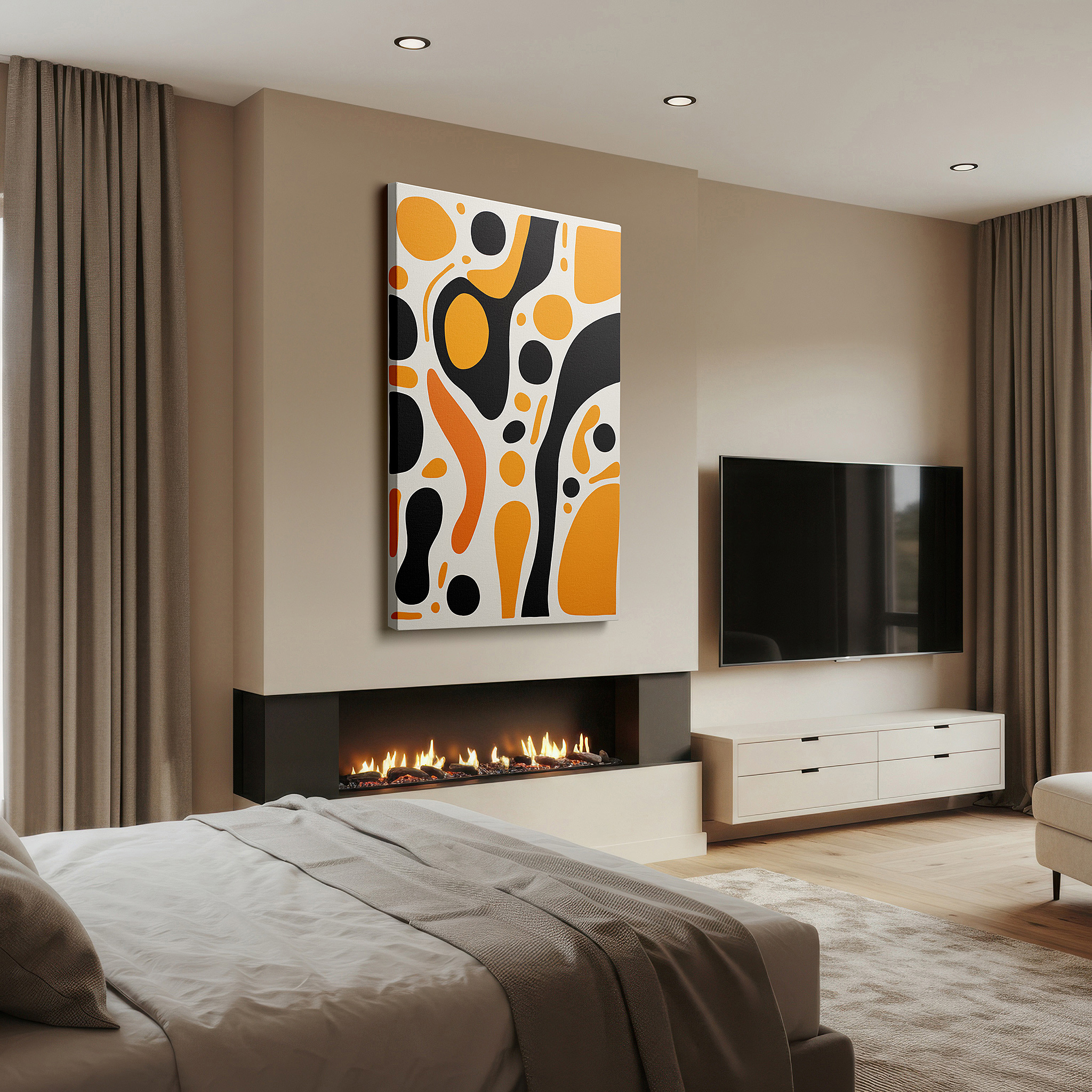 Back view reveals professional finishing and solid wood frame — black and orange vibrant dance, abstract expression large wall art, canvas wall art, wall decor for office and bedroom