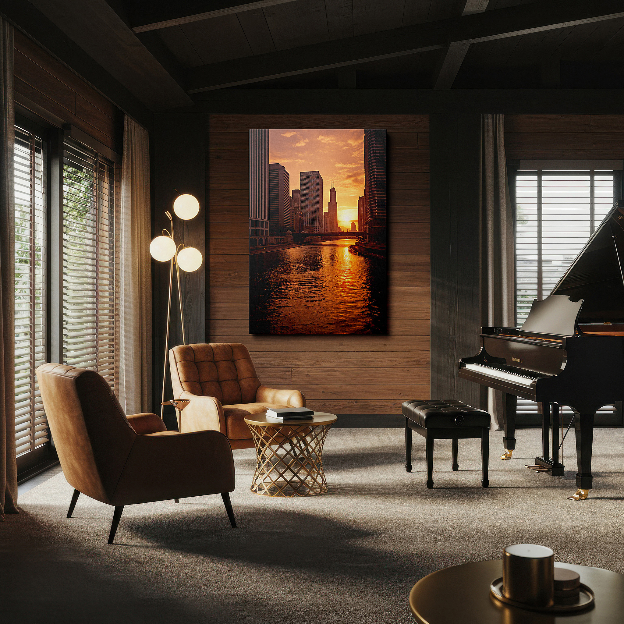 Back view reveals professional finishing and solid wood frame — chicago river sunset - golden cityscape silhouette with vibrant skies large wall art, canvas wall art, wall decor for office and bedroom