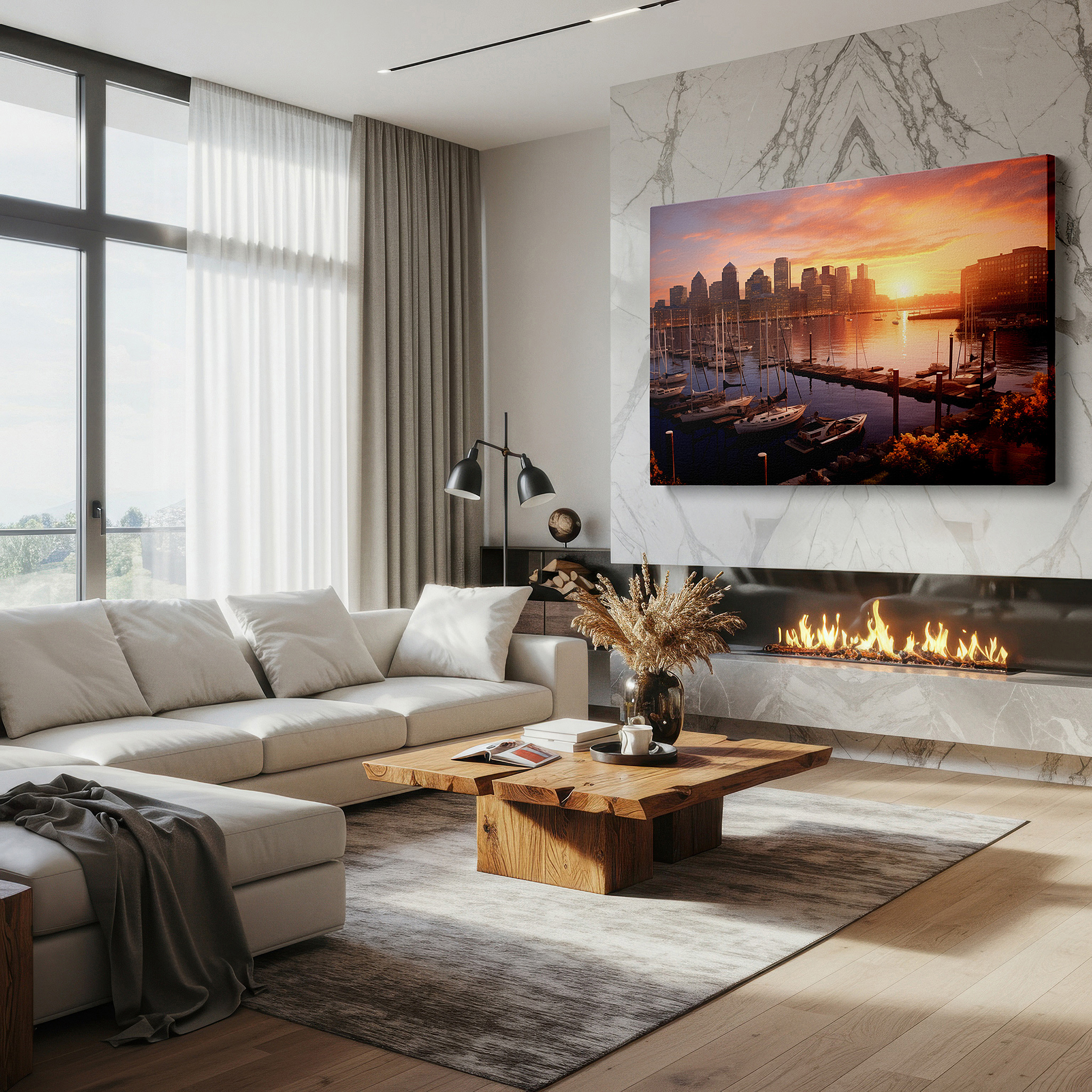 Back view reveals professional finishing and solid wood frame — city sunrise - a fusion of modern and traditional architectures, large canvas wall art for office decor