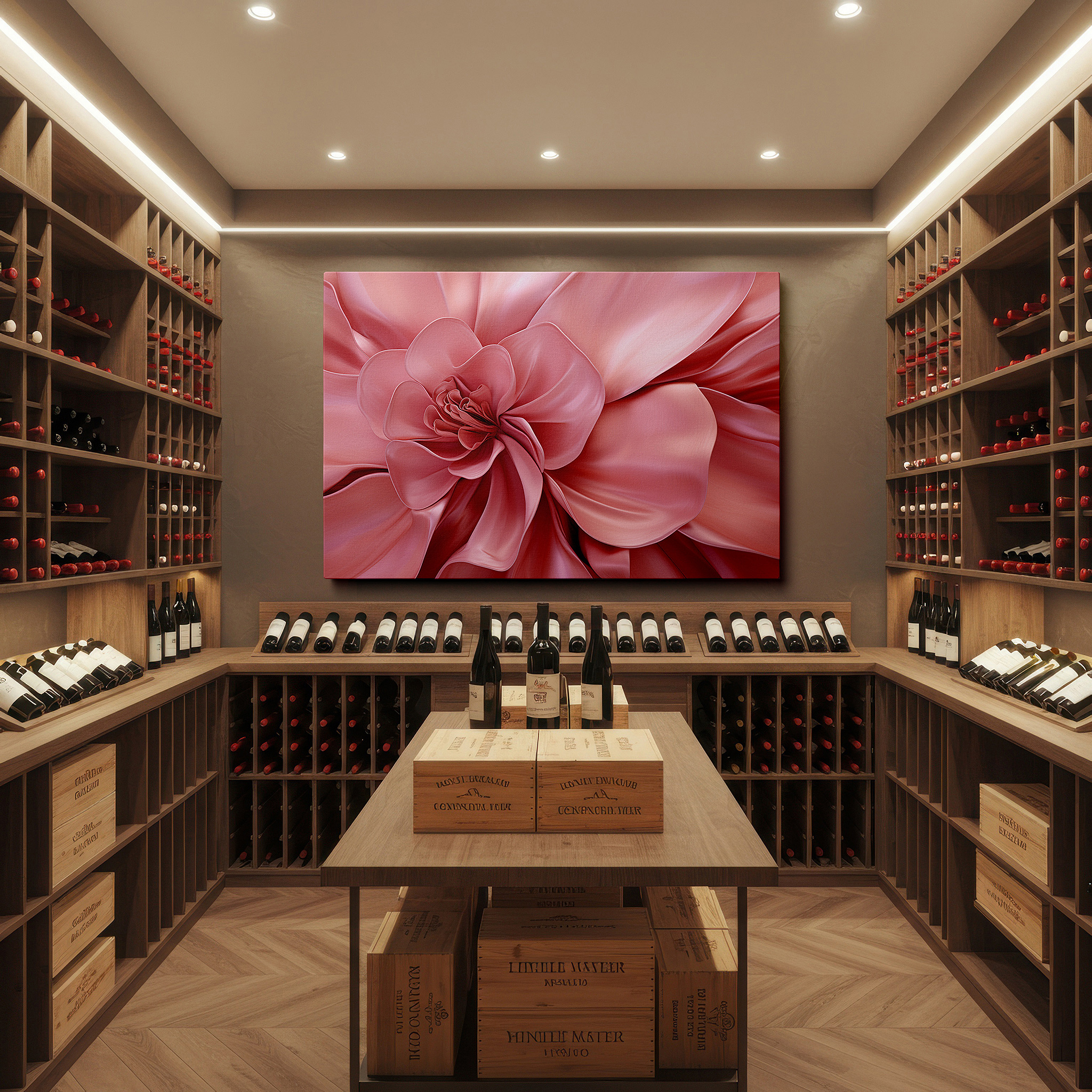 Back view reveals professional finishing and solid wood frame — close-up of ethereal pink petals: tranquil floral elegance, large canvas wall art for office and bedroom decor