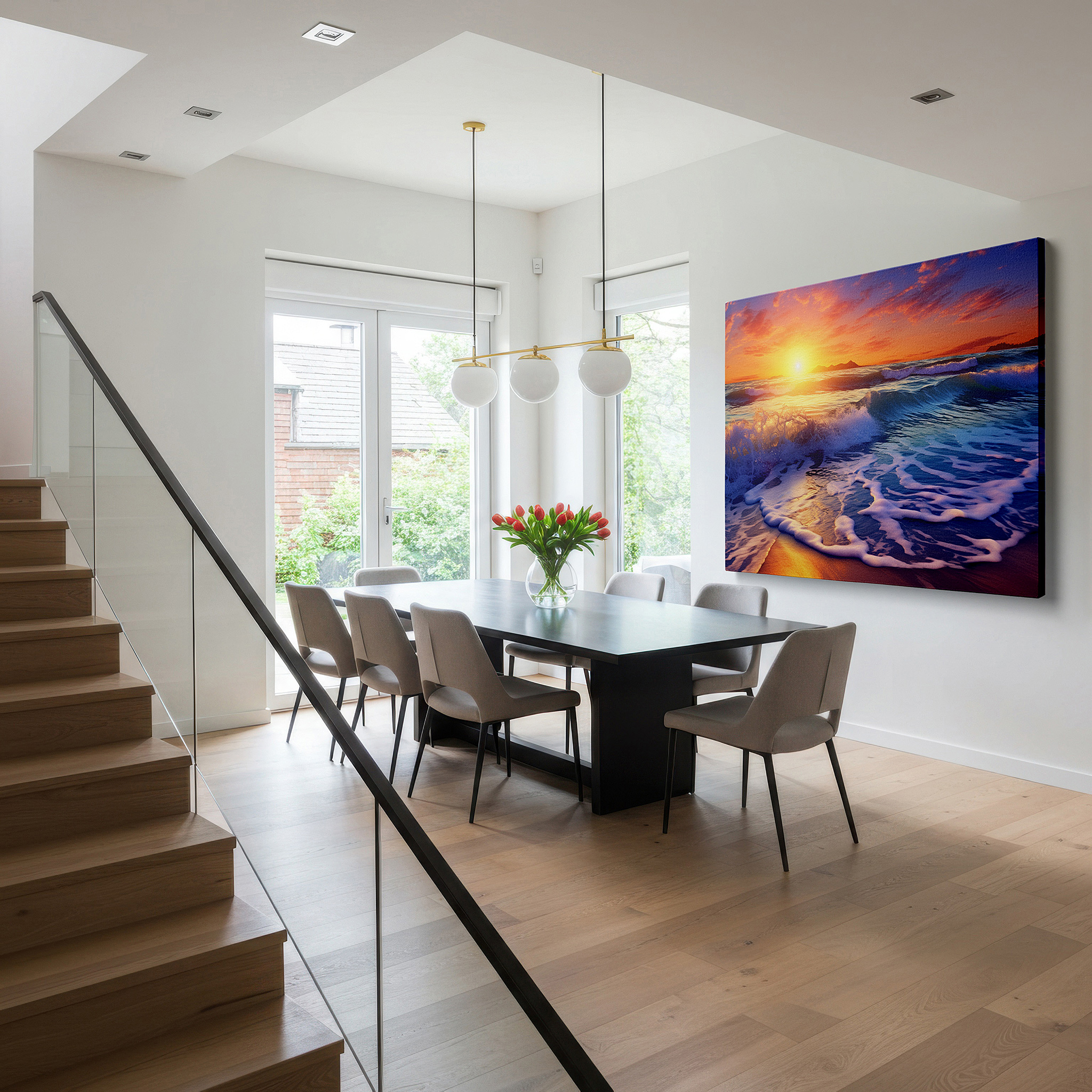 Back view reveals professional finishing and solid wood frame — coastal sunset magic: vibrant ocean waves and serene sky reflections - large canvas wall art for office and bedroom decor