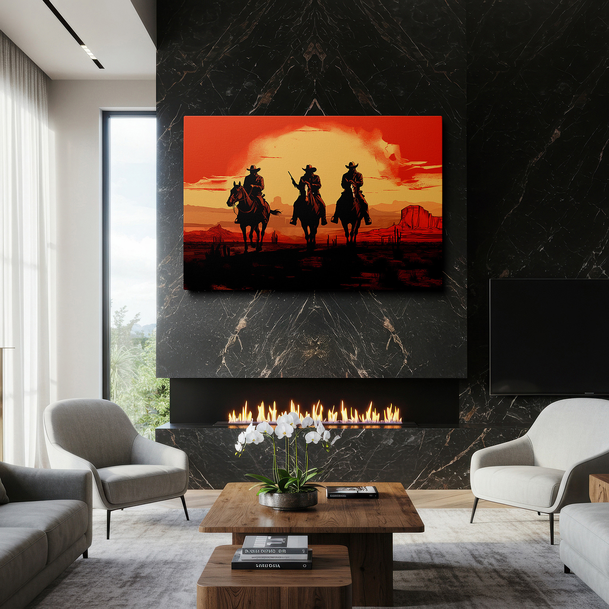 Back view reveals professional finishing and solid wood frame — cowboys riding horses at a fiery desert sunset - a striking emblem of liberty and exploration in the american west, large wall art, canvas wall art
