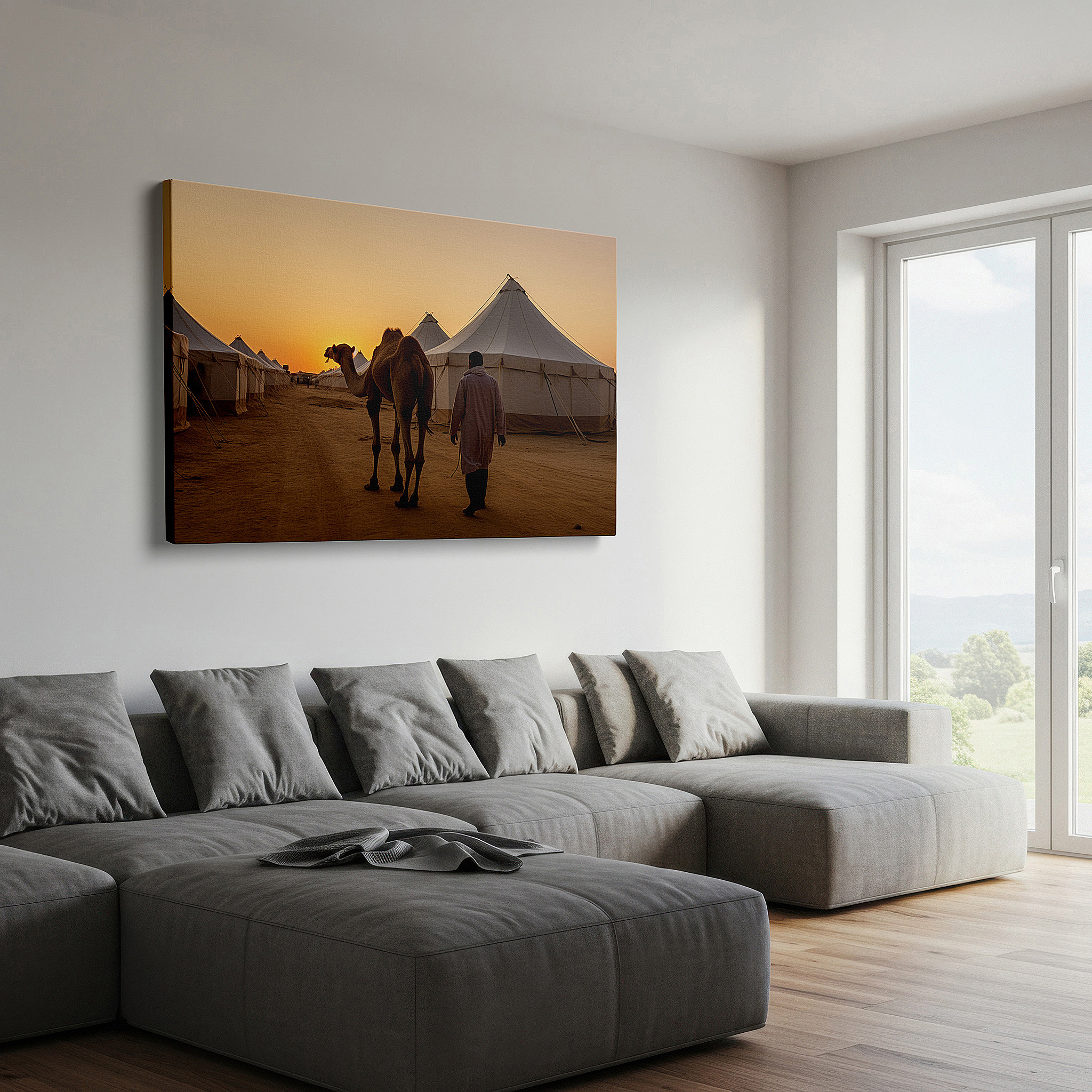 Back view reveals professional finishing and solid wood frame — desert sunrise wall art: camel and nomad scene, symbol of endurance in arid landscape - large canvas for home or office decor
