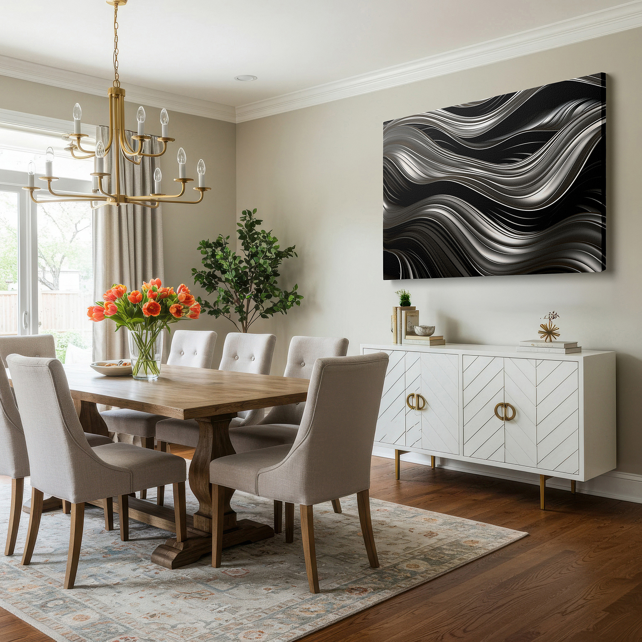 Back view reveals professional finishing and solid wood frame — dramatic black waves: a symphony of movement and light - large canvas wall art for office and bedroom decor