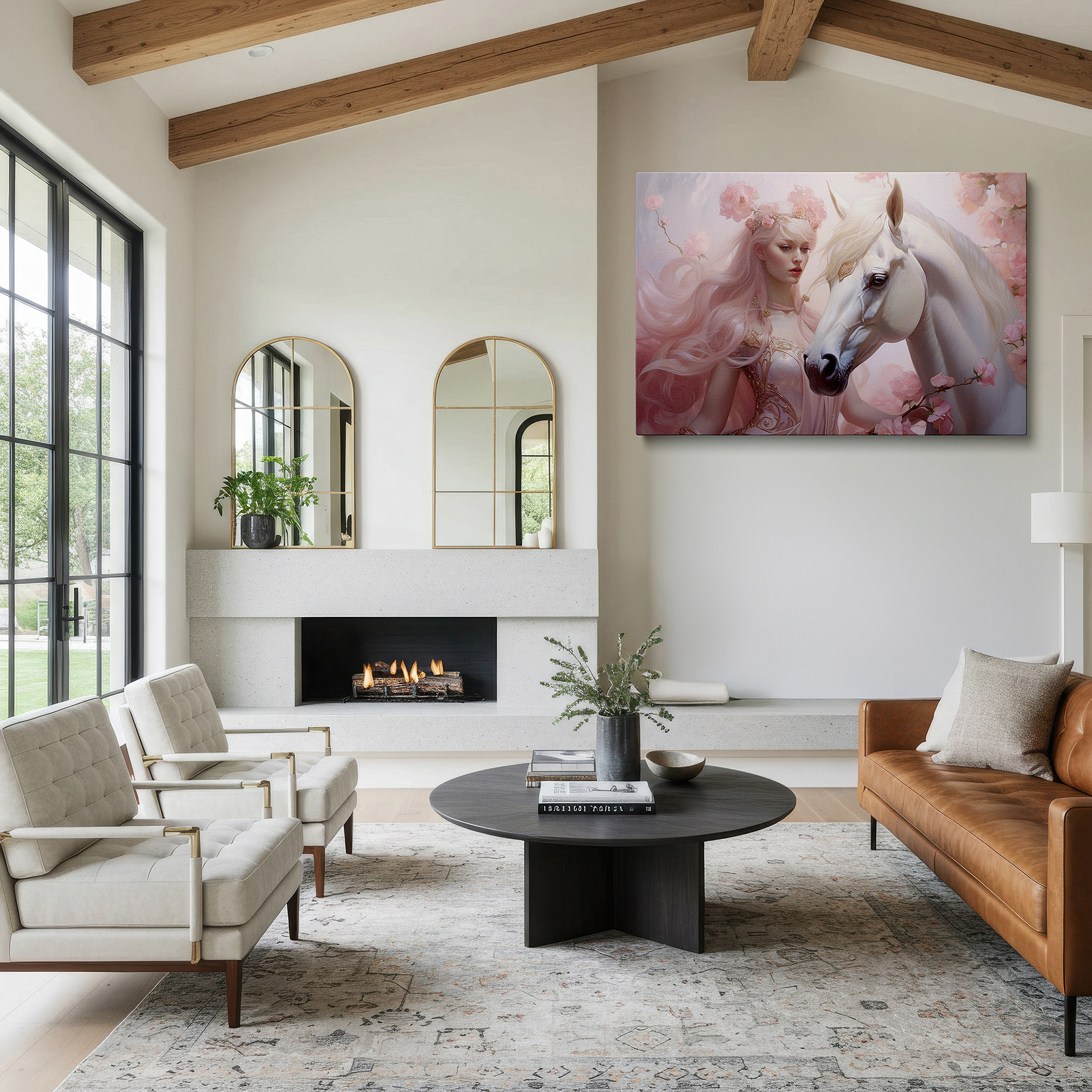 Back view reveals professional finishing and solid wood frame — dreamy pastel scene with serene woman and floral crown next to a white horse - large canvas wall art for bedroom and office decor
