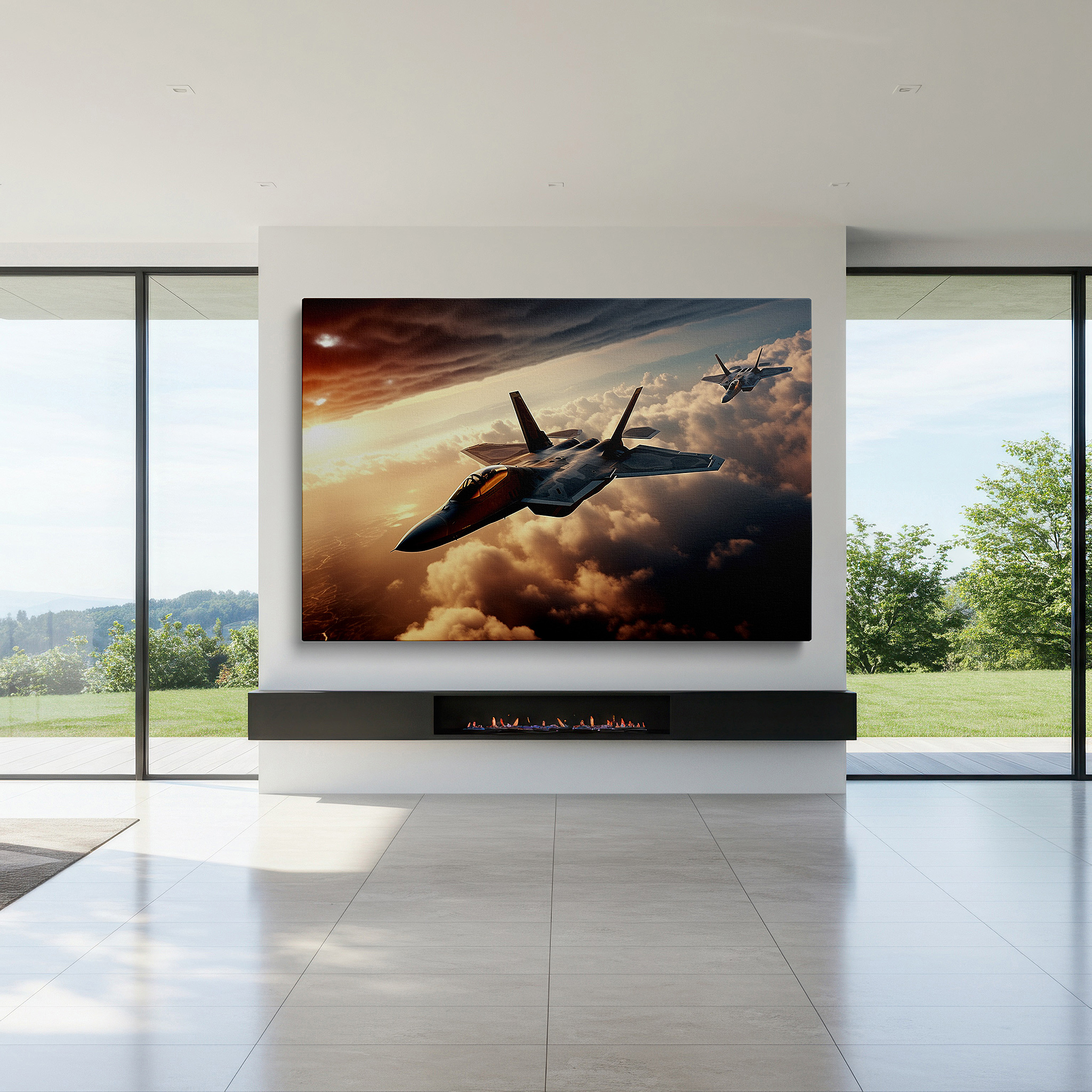 Back view reveals professional finishing and solid wood frame — dynamic aviation mastery canvas art featuring jets against a sunset sky - ideal for office, bedroom, and living room decor