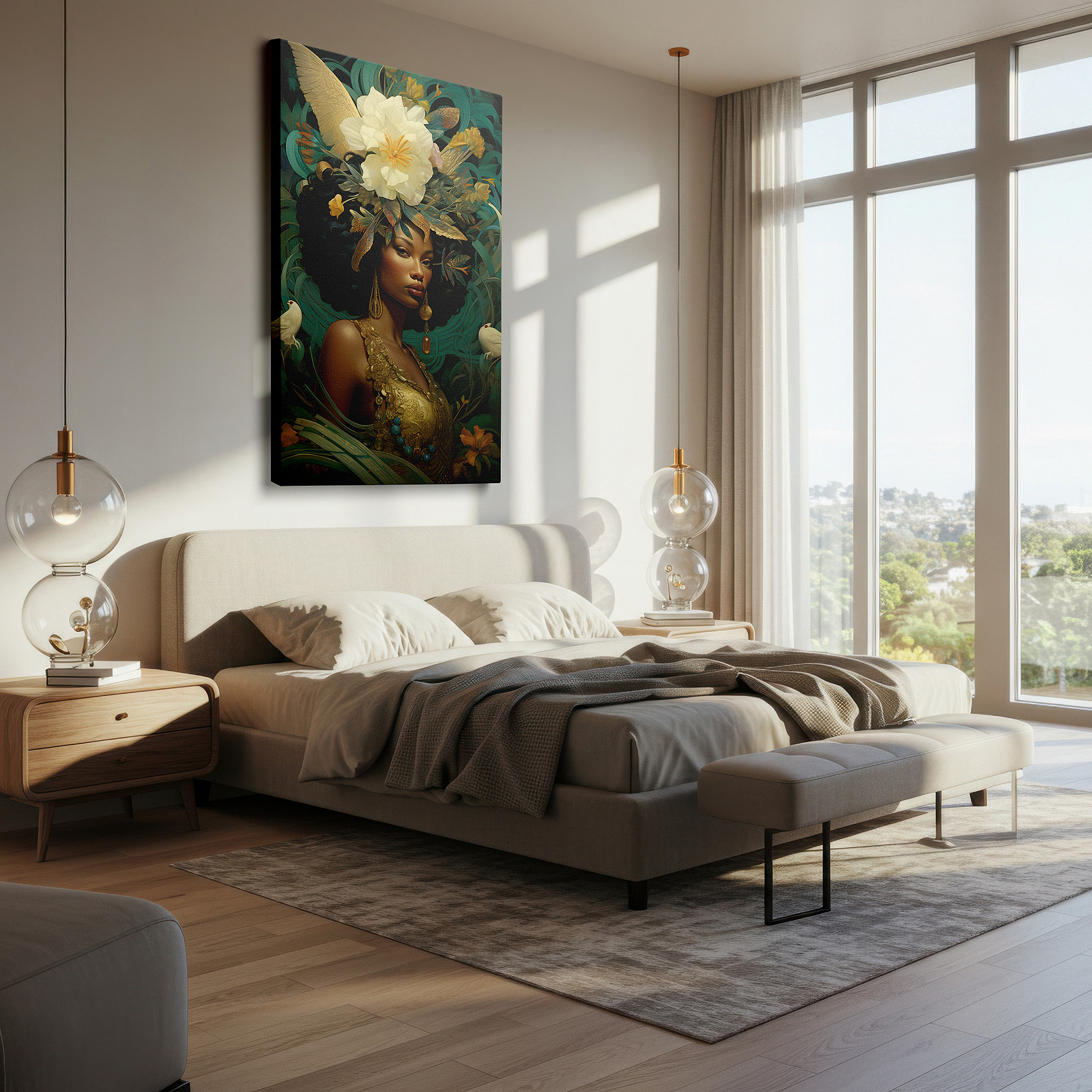 Back view reveals professional finishing and solid wood frame — elegant lady adorned with flower crown representing nature's grandeur and women's power, oversized wall art, canvas print, home office decor